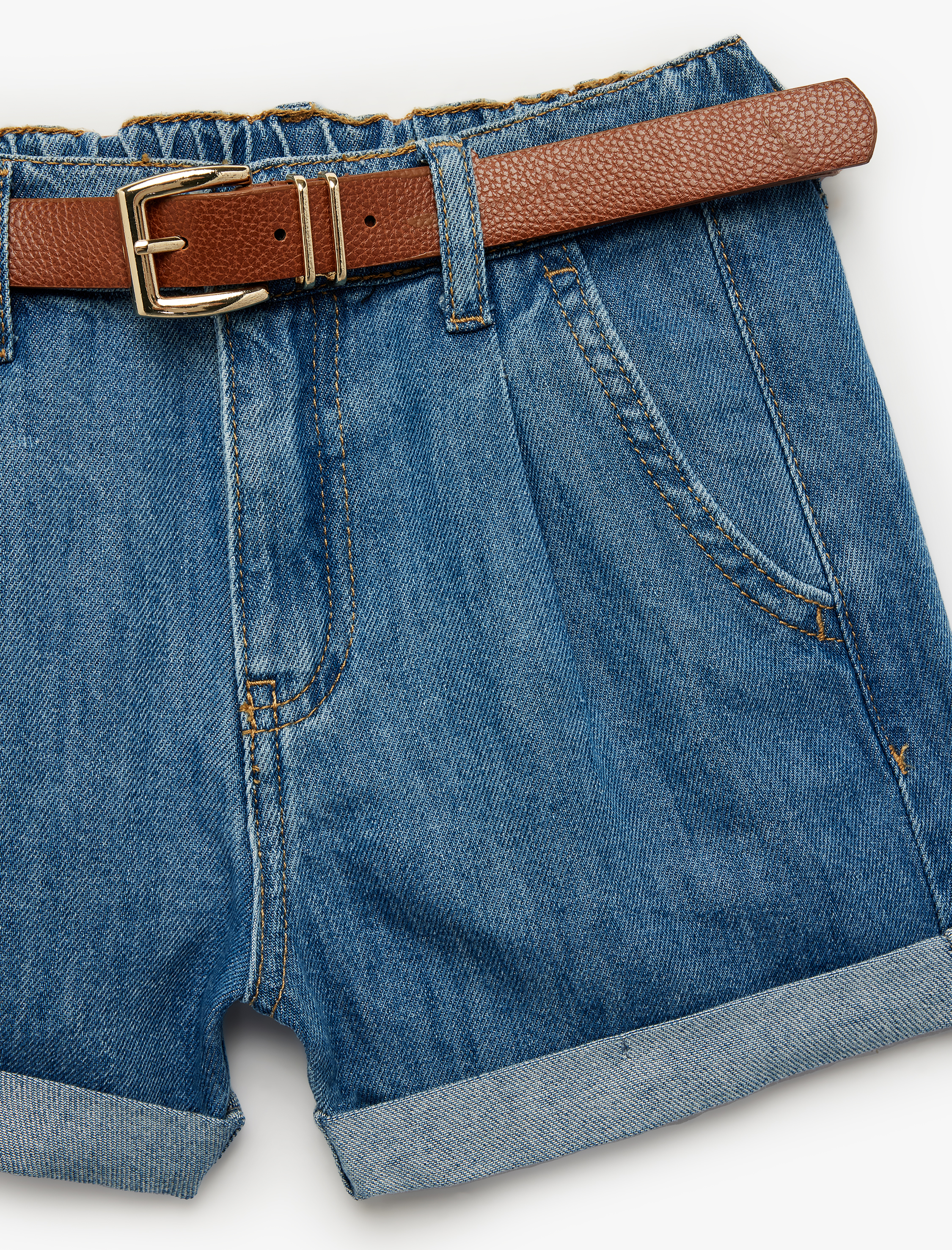  Kız Çocuk Yüksek Bel Katlamalı Kemer Detaylı Denim Şort