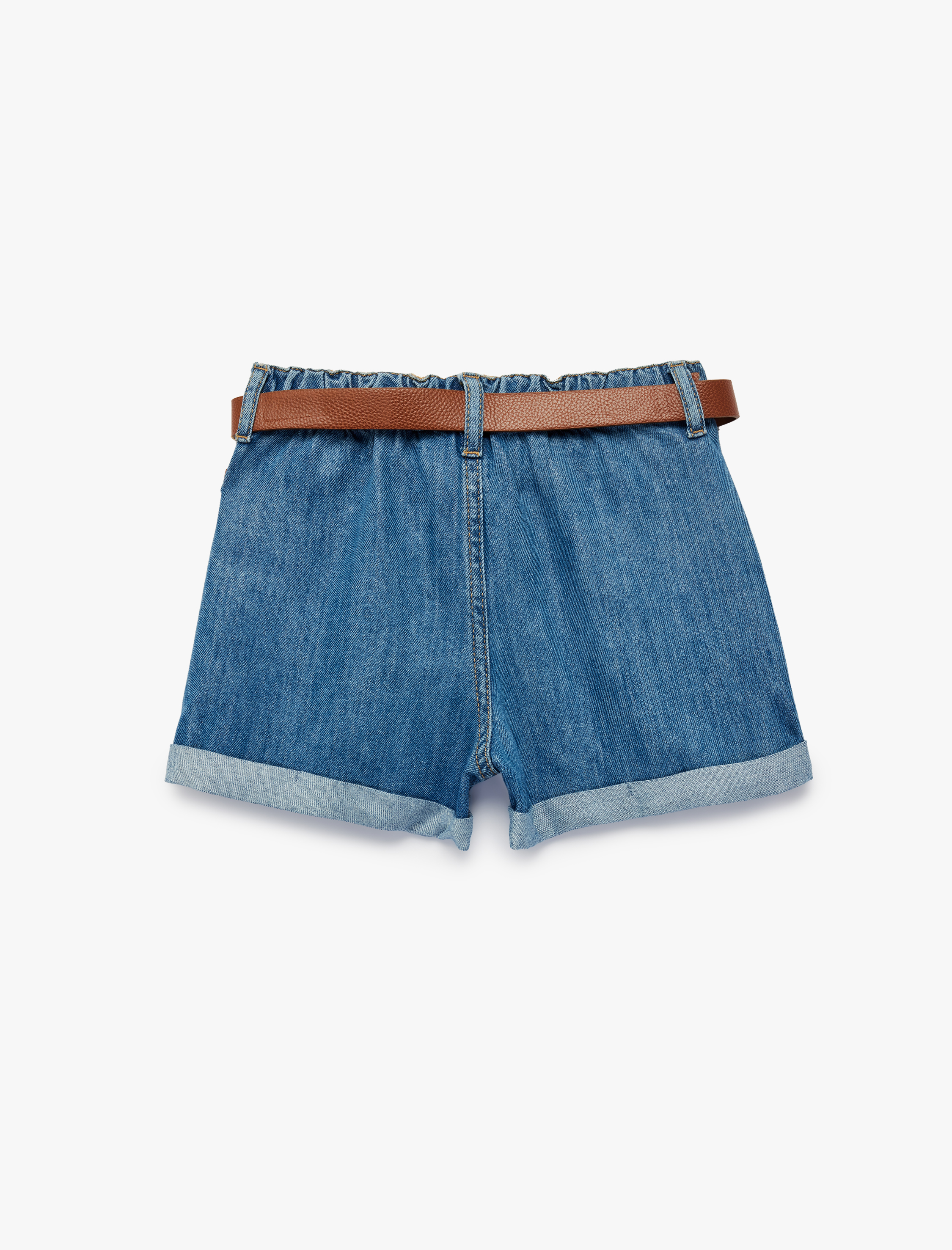  Kız Çocuk Yüksek Bel Katlamalı Kemer Detaylı Denim Şort