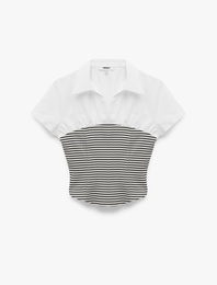Slim Fit Kısa Kollu Klasik Yaka Korse Detaylı Çizgili Gömlek