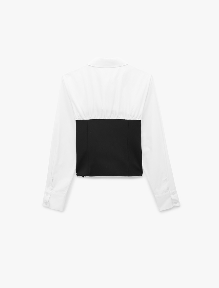  Pamuklu Slim Fit Renk Kontrastlı Uzun Kollu Korse Detaylı Poplin Gömlek