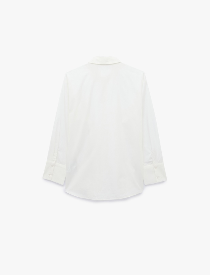  Pamuklu Cepli Uzun Kollu Asimetrik Tasarım Kapama Oversize Poplin Gömlek