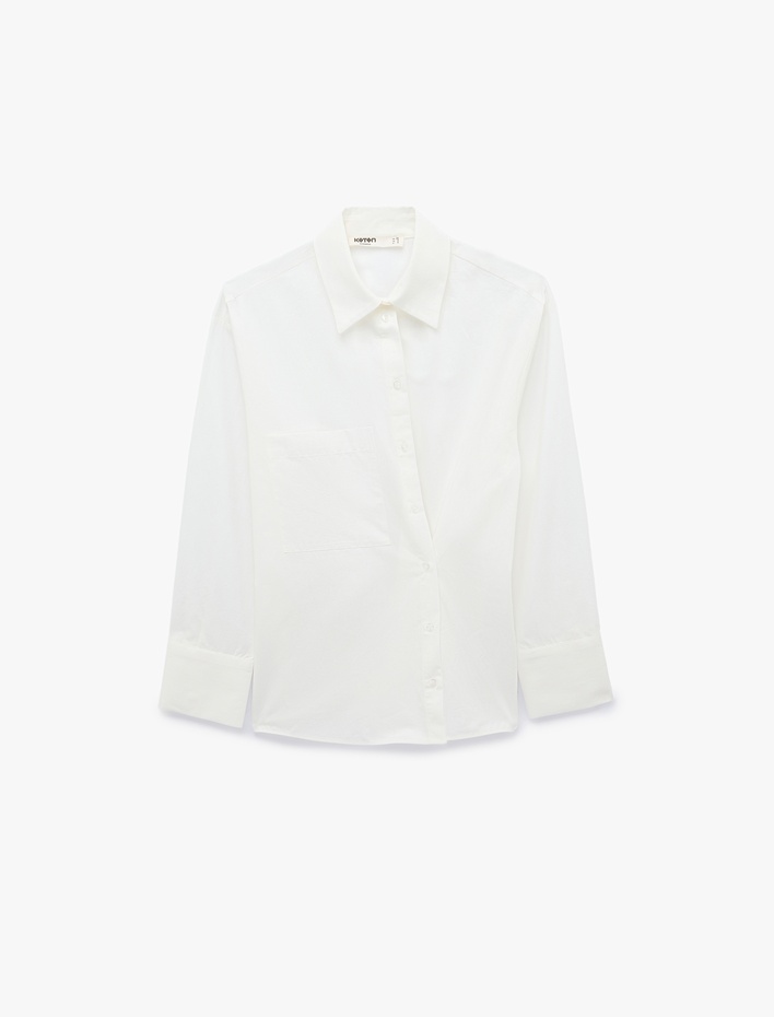  Pamuklu Cepli Uzun Kollu Asimetrik Tasarım Kapama Oversize Poplin Gömlek