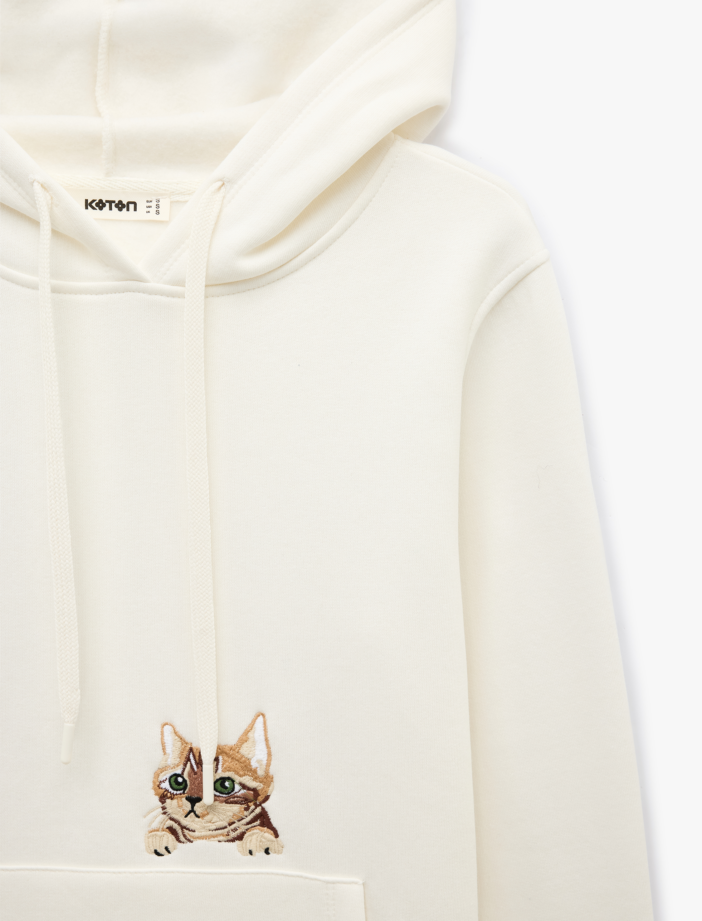   Üç İplik Şardonlu Kedi Nakışlı Uzun Kollu Kanguru Cepli Kapüşonlu Sweatshirt