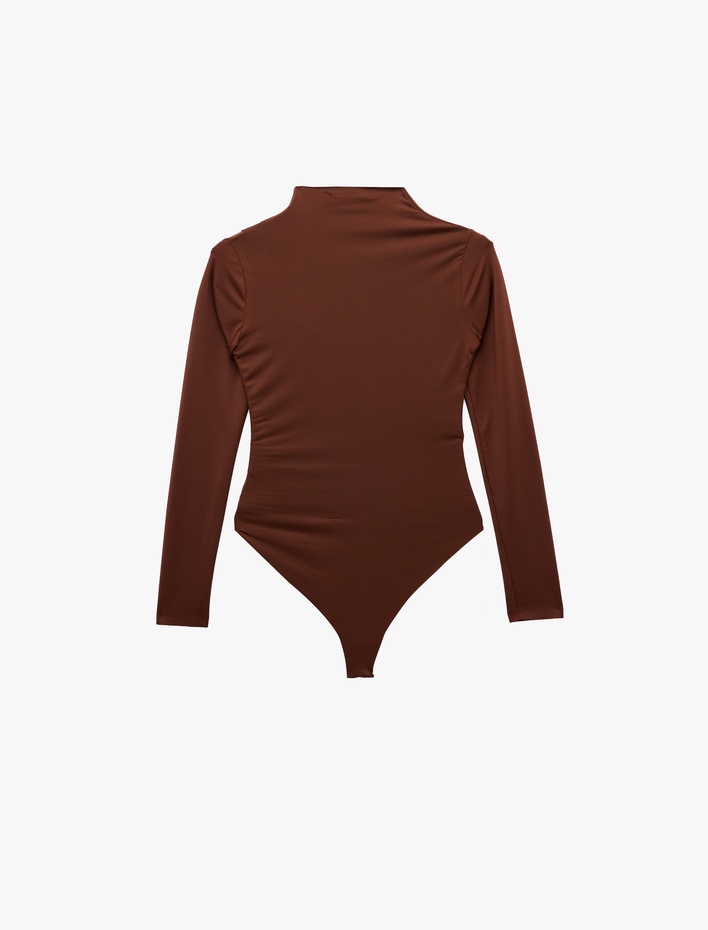  Slim Fit Uzun Kollu Drape Detaylı Hafif Dik Yaka Bodysuit