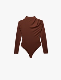 Slim Fit Uzun Kollu Drape Detaylı Hafif Dik Yaka Bodysuit