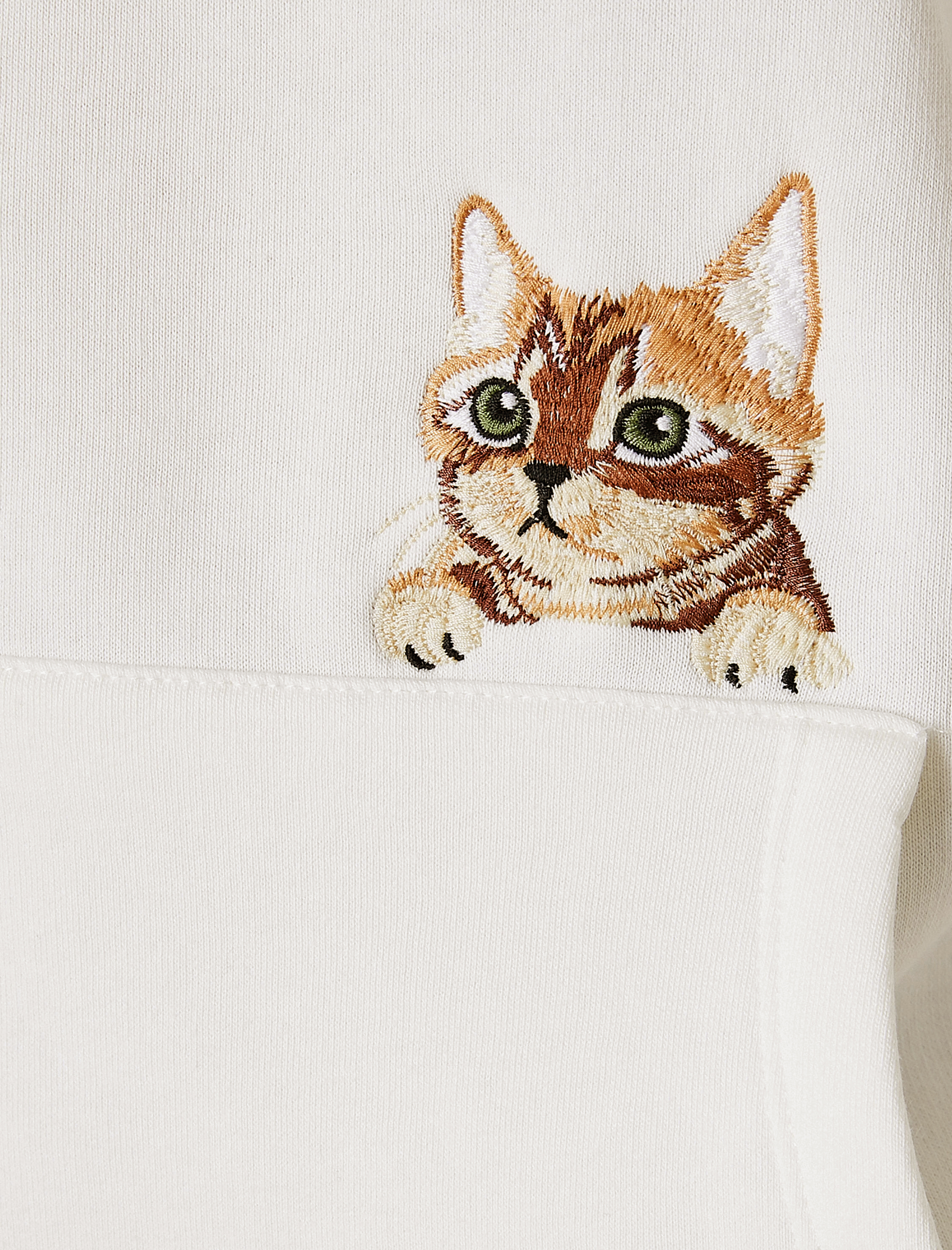   Üç İplik Şardonlu Kedi Nakışlı Uzun Kollu Kanguru Cepli Kapüşonlu Sweatshirt