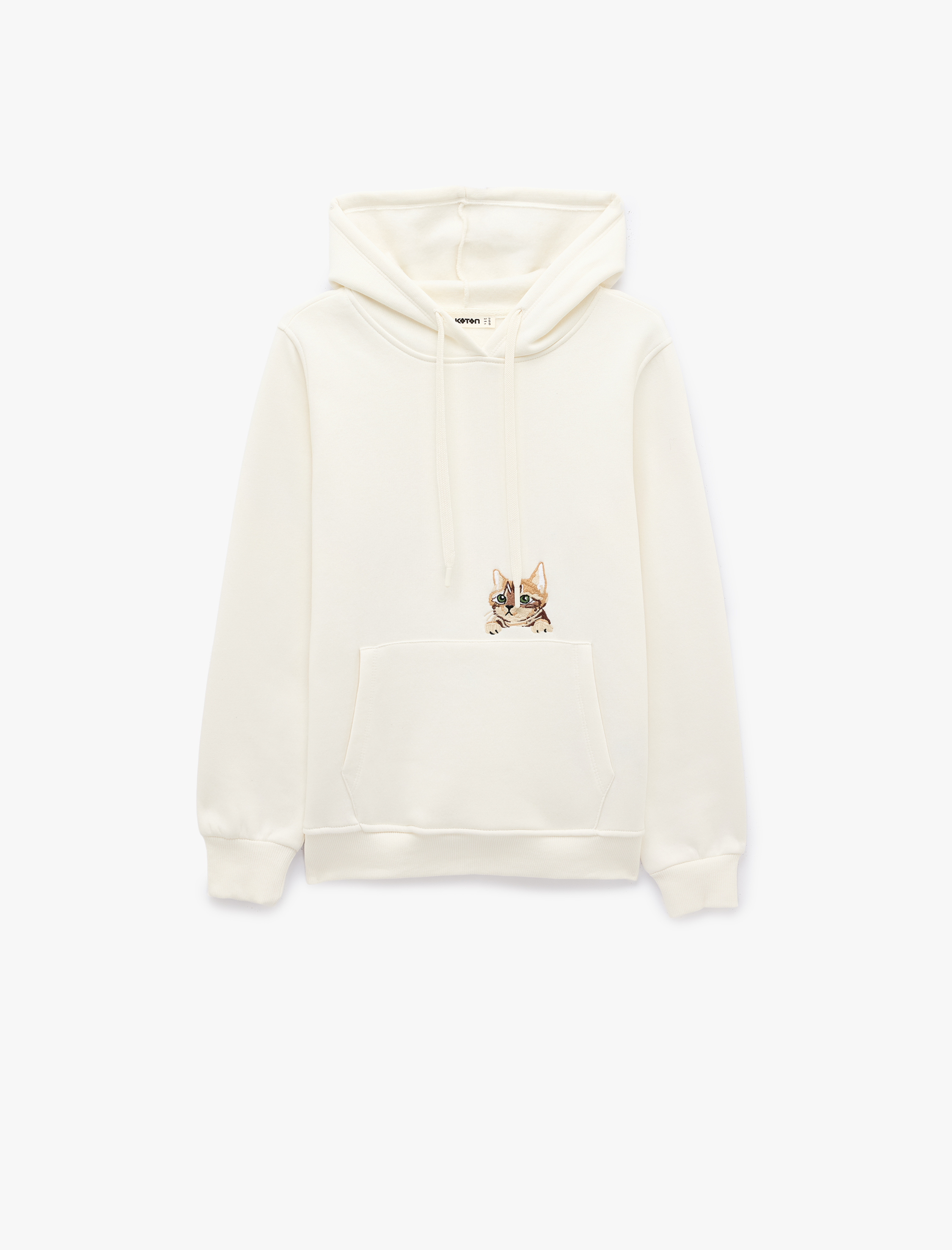   Üç İplik Şardonlu Kedi Nakışlı Uzun Kollu Kanguru Cepli Kapüşonlu Sweatshirt