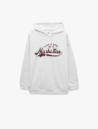 Şardonlu Uzun Kollu Baskılı Kapüşonlu Sweatshirt