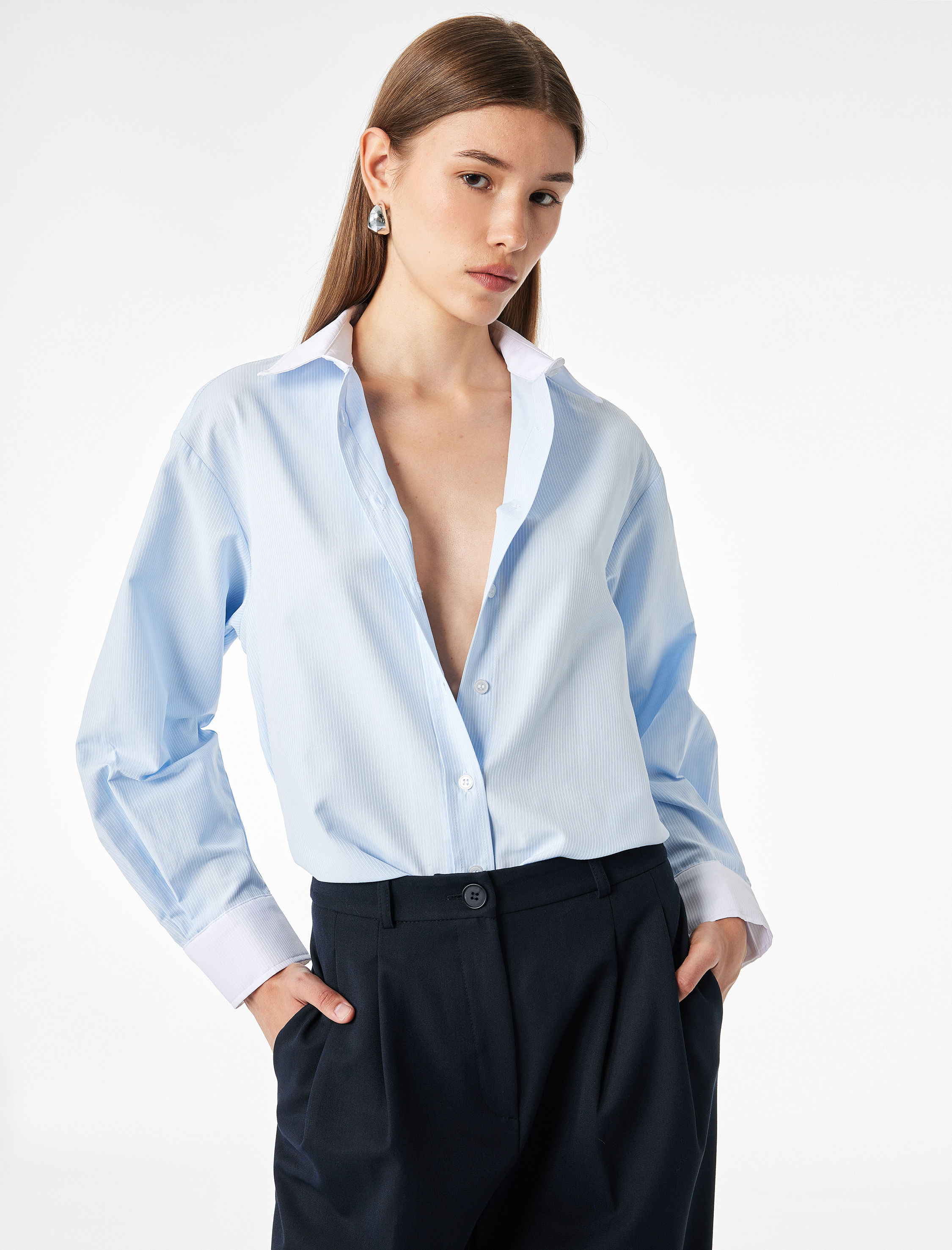   Düğmeli Slim Fit Klasik Yaka Renk Bloklu Uzun Kollu Gömlek