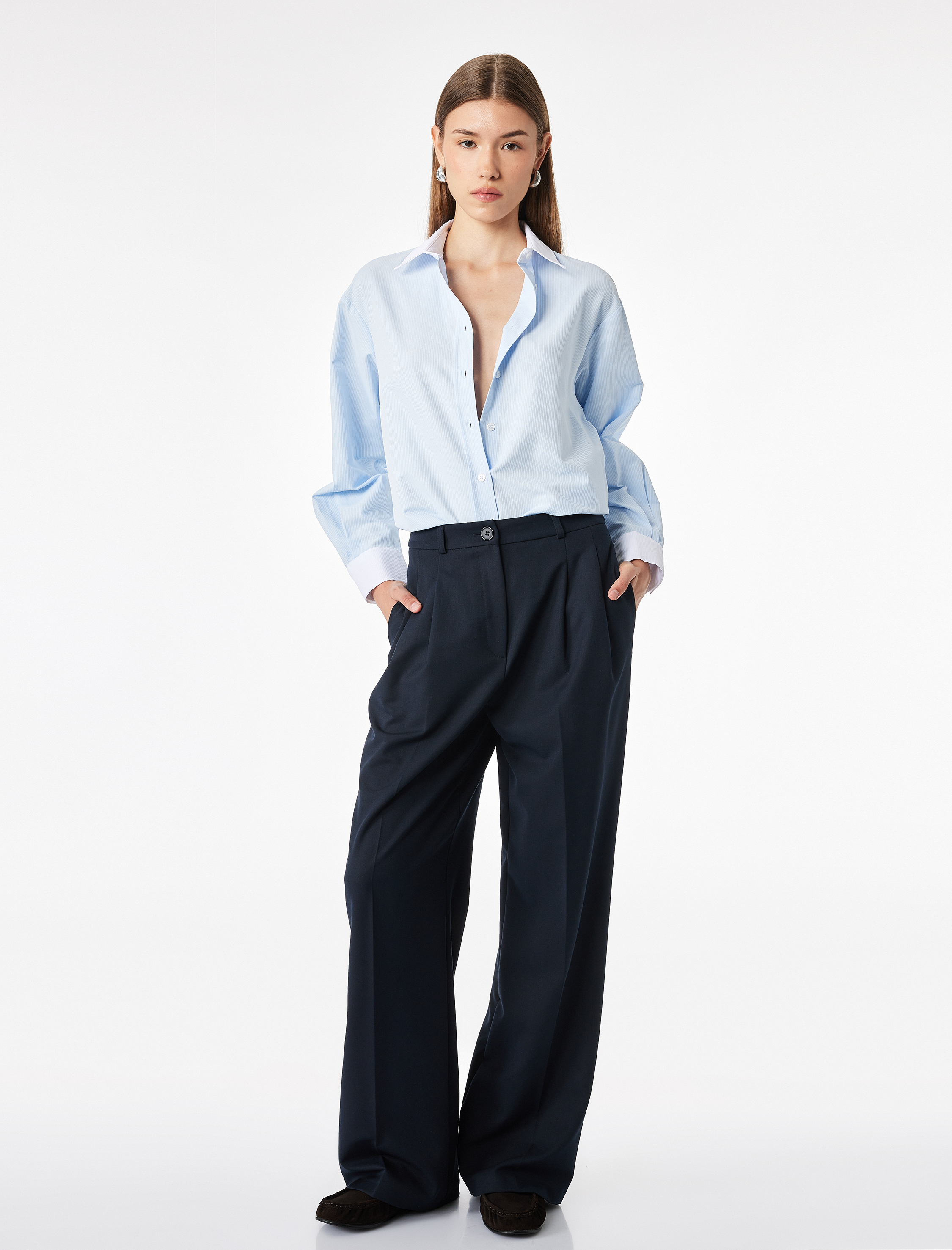   Düğmeli Slim Fit Klasik Yaka Renk Bloklu Uzun Kollu Gömlek