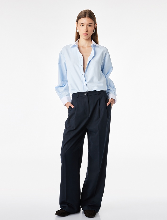  Düğmeli Slim Fit Klasik Yaka Renk Bloklu Uzun Kollu Gömlek