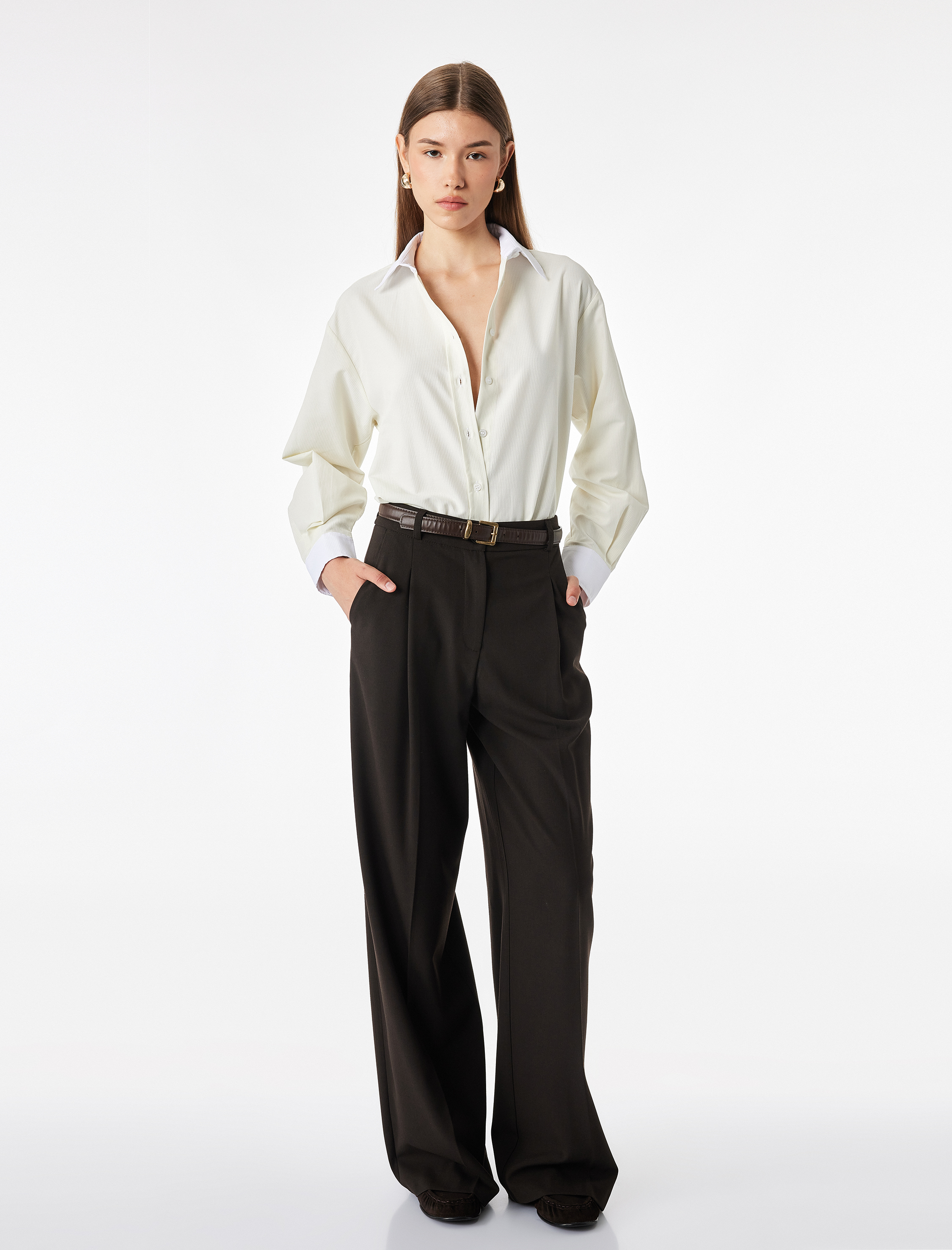   Düğmeli Slim Fit Klasik Yaka Renk Bloklu Uzun Kollu Gömlek