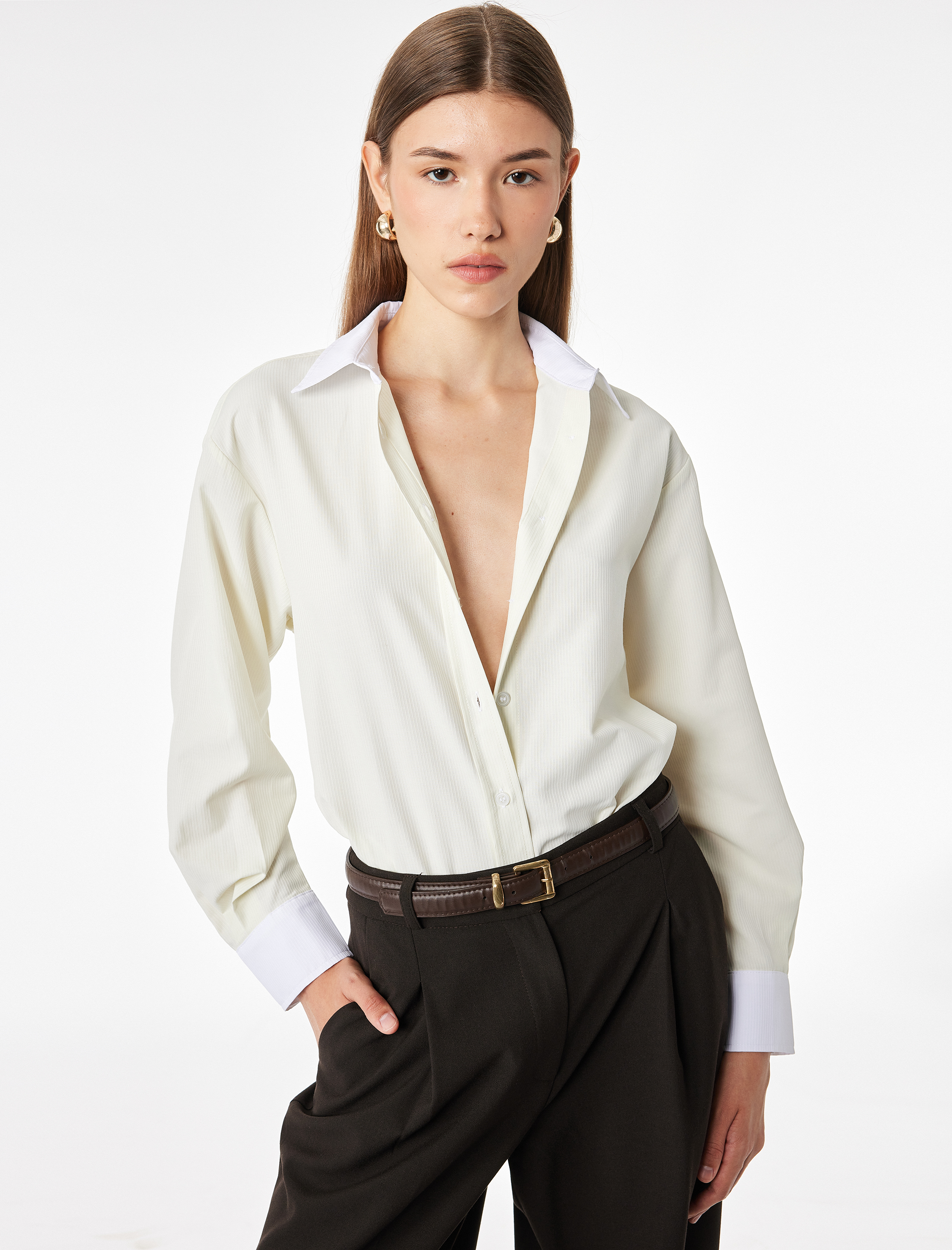   Düğmeli Slim Fit Klasik Yaka Renk Bloklu Uzun Kollu Gömlek