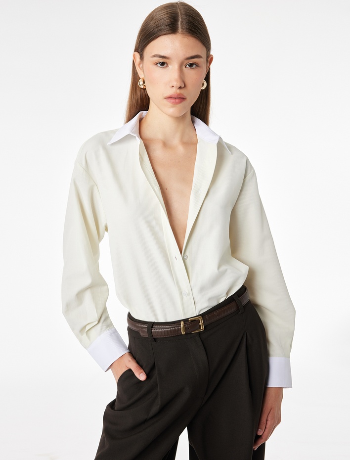  Düğmeli Slim Fit Klasik Yaka Renk Bloklu Uzun Kollu Gömlek