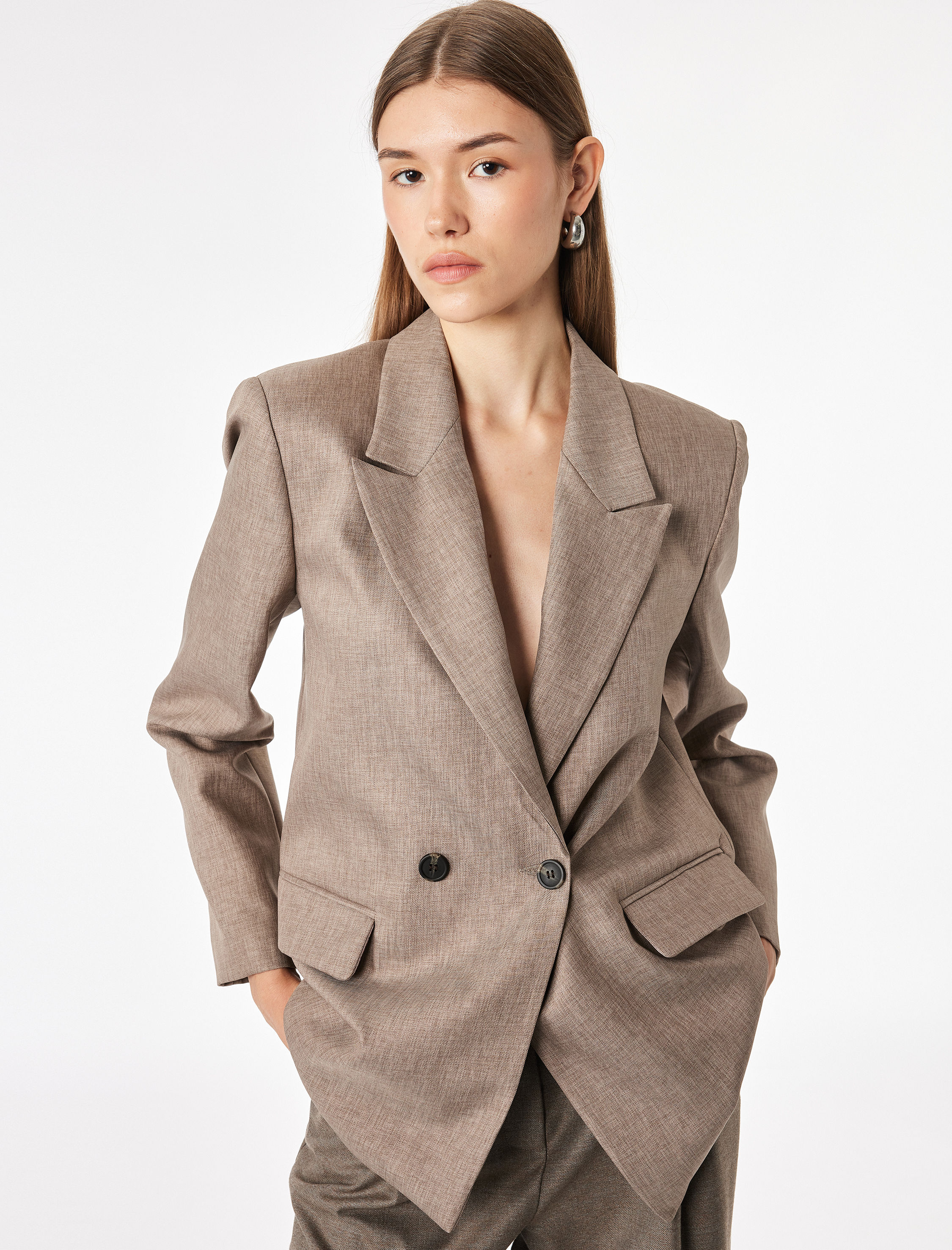   Cepli Uzun Kollu Düğmeli Kruvaze Blazer Ceket