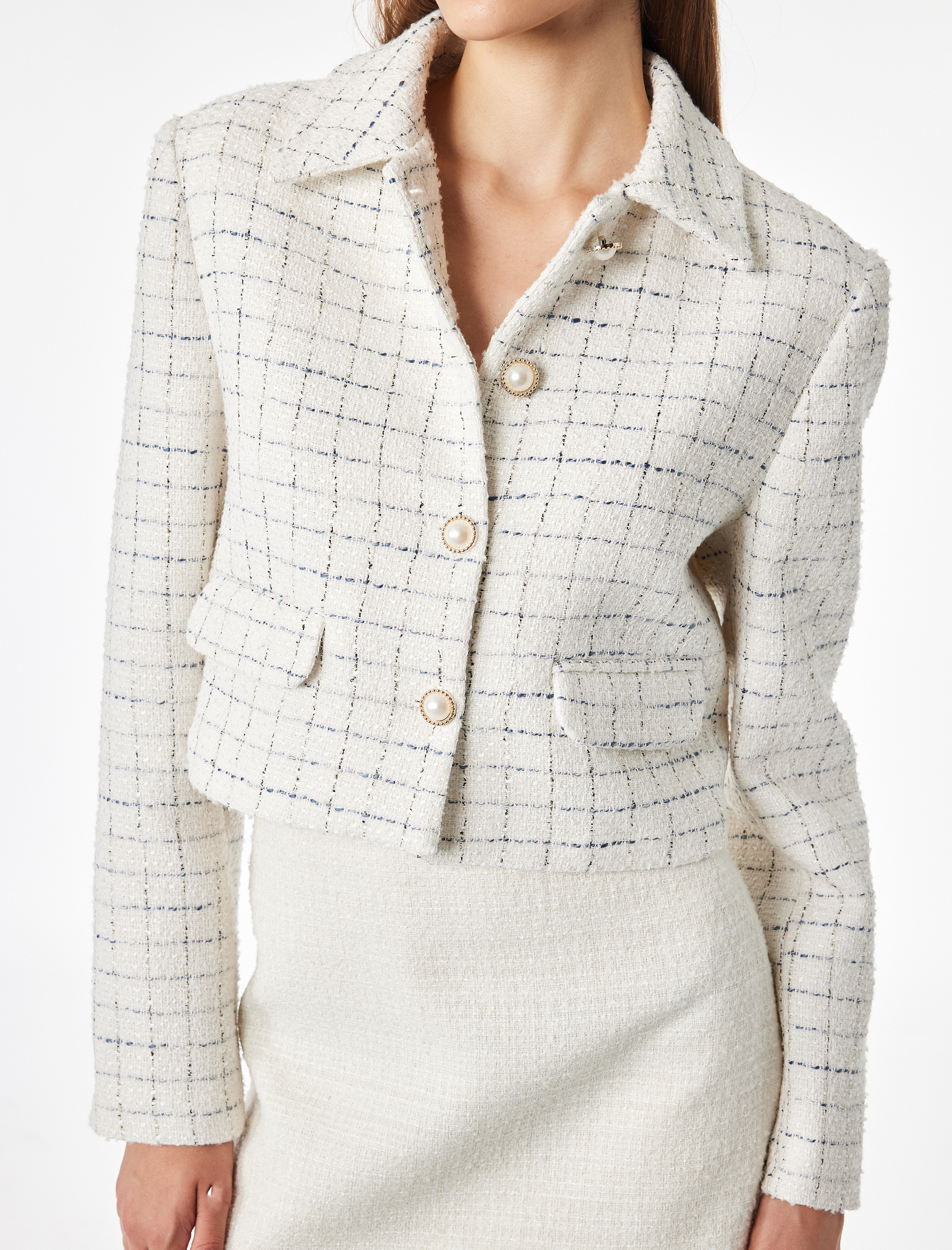   Düğmeli Ekoseli Uzun Kollu Gömlek Yaka Crop Blazer Ceket