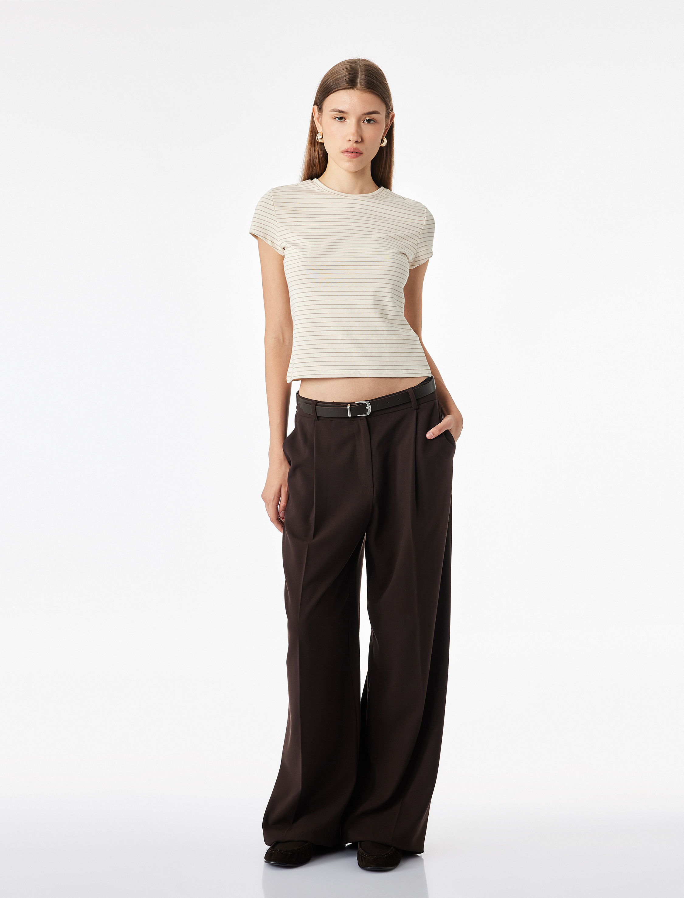   Slim Fit Pamuklu Kısa Kollu Bisiklet Yaka Çizgili Tişört