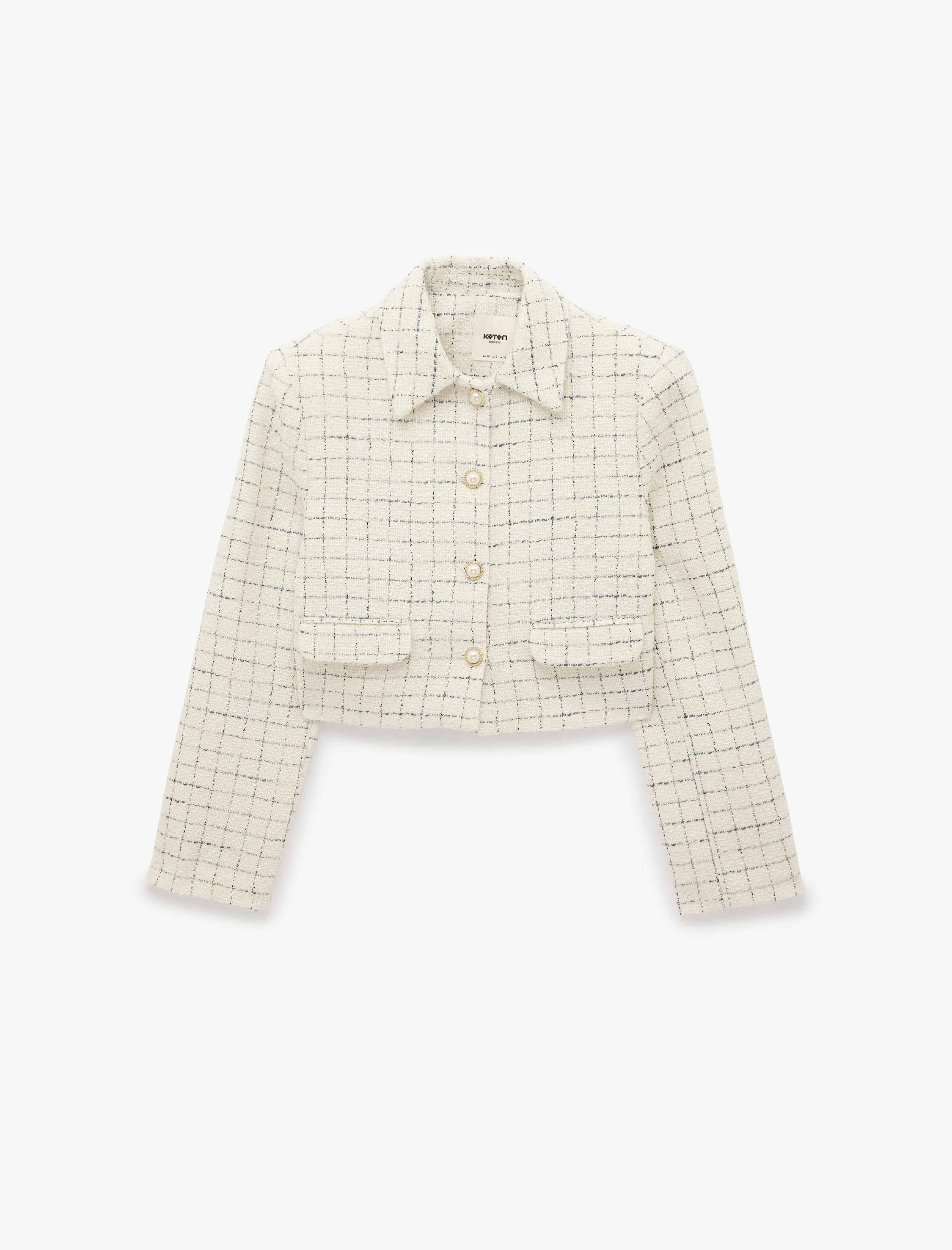   Düğmeli Ekoseli Uzun Kollu Gömlek Yaka Crop Blazer Ceket
