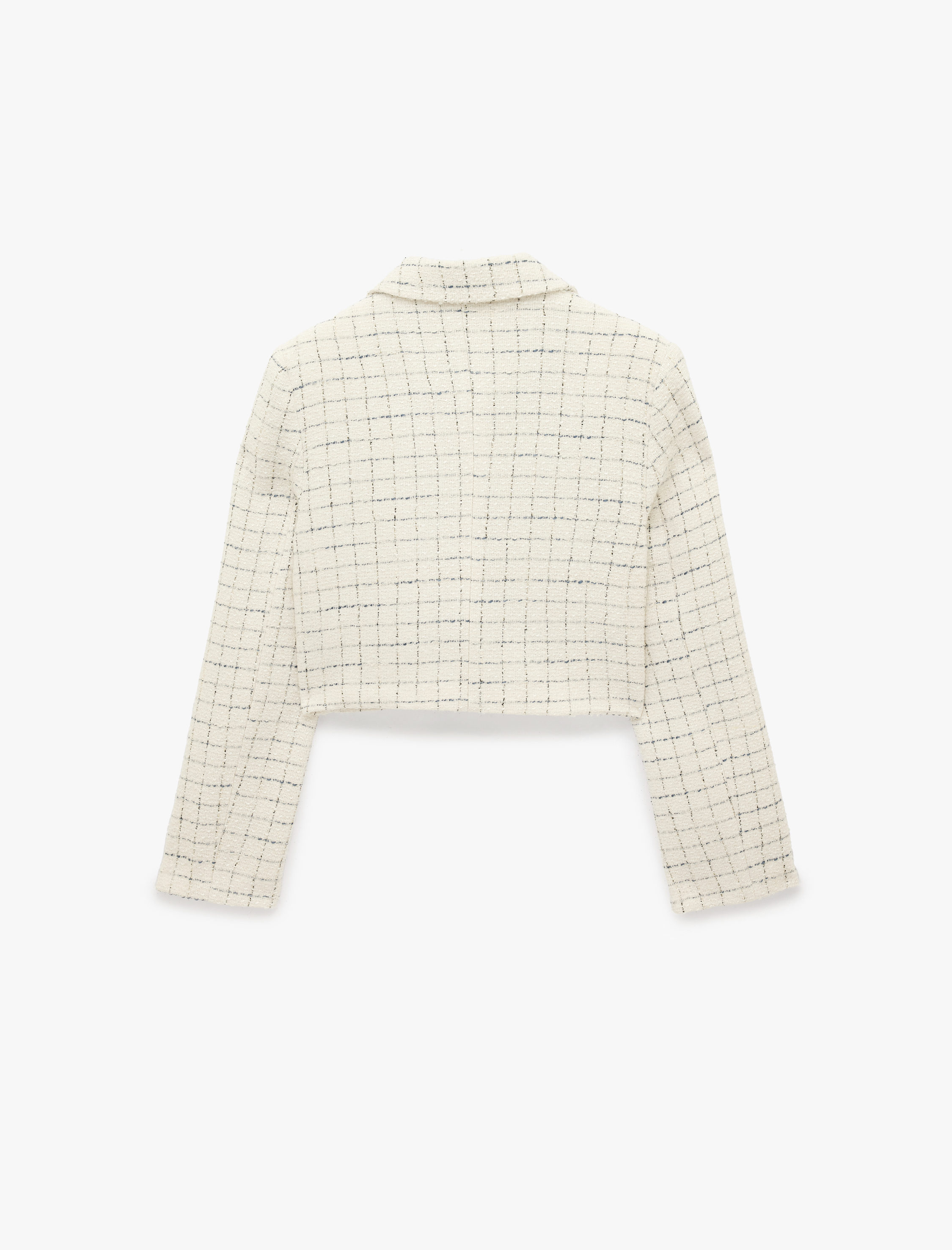   Düğmeli Ekoseli Uzun Kollu Gömlek Yaka Crop Blazer Ceket