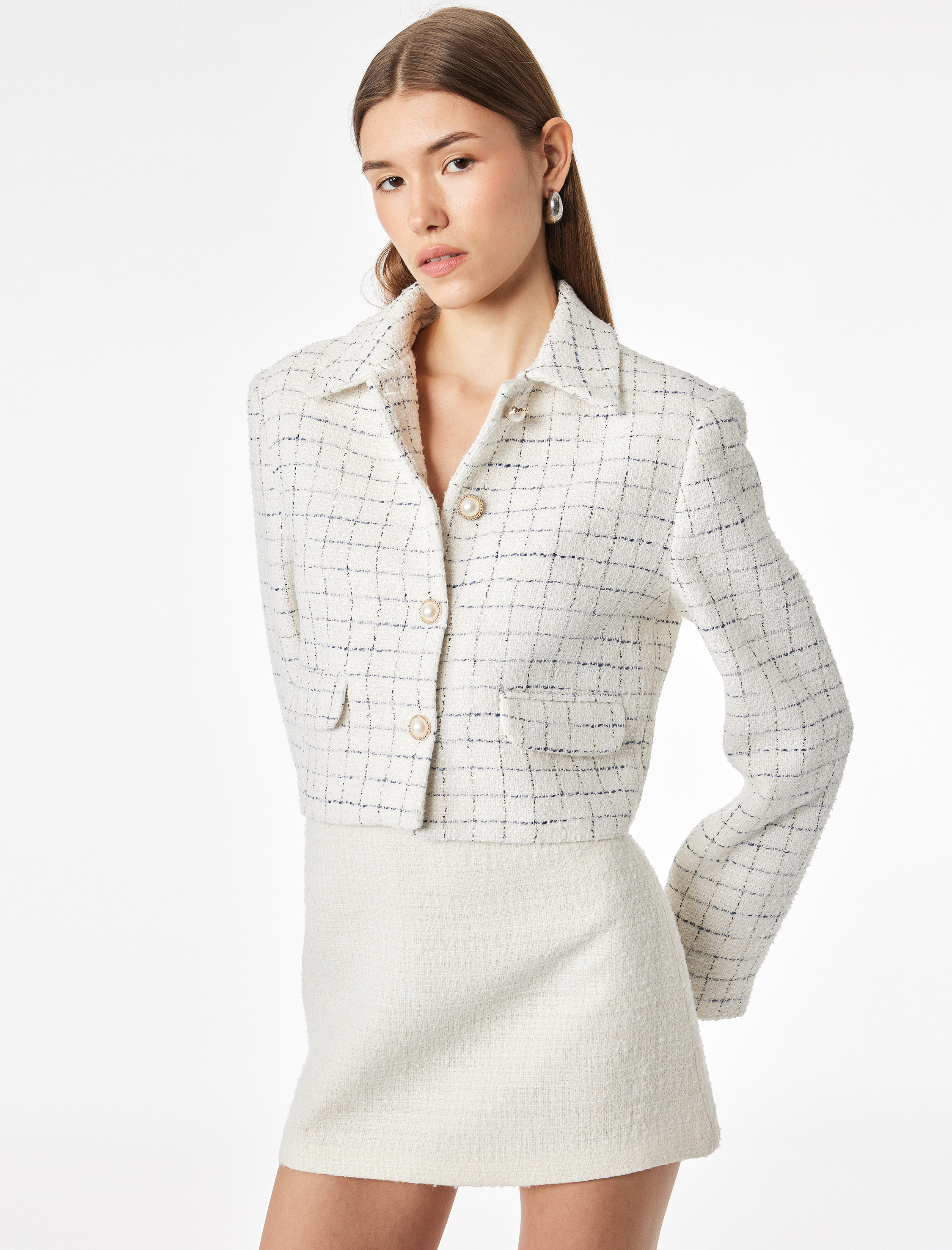  Düğmeli Ekoseli Uzun Kollu Gömlek Yaka Crop Blazer Ceket