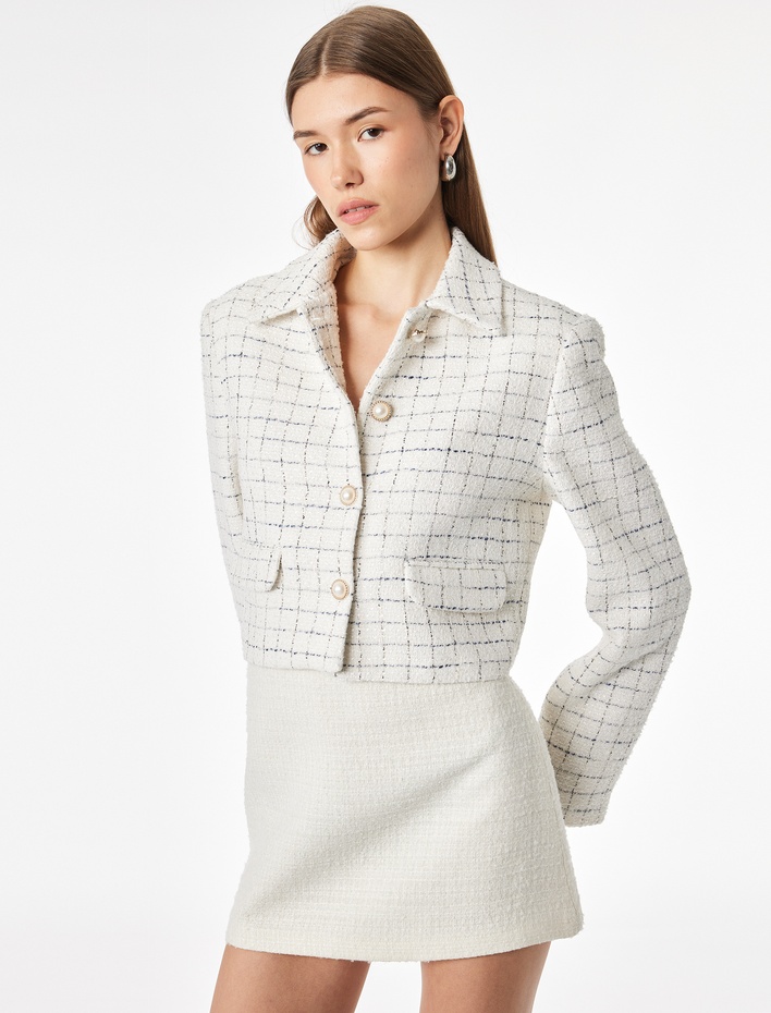  Düğmeli Ekoseli Uzun Kollu Gömlek Yaka Crop Blazer Ceket