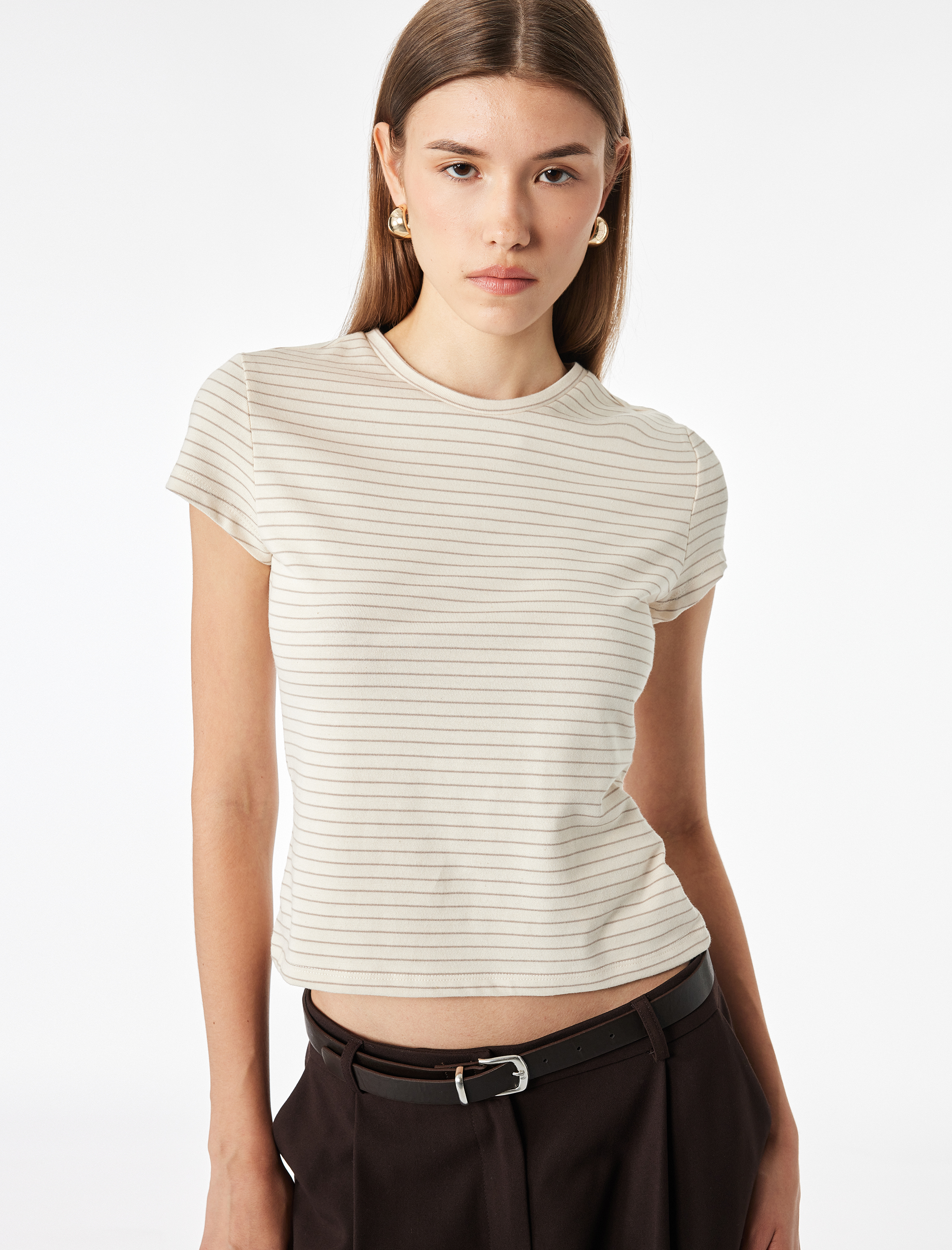   Slim Fit Pamuklu Kısa Kollu Bisiklet Yaka Çizgili Tişört