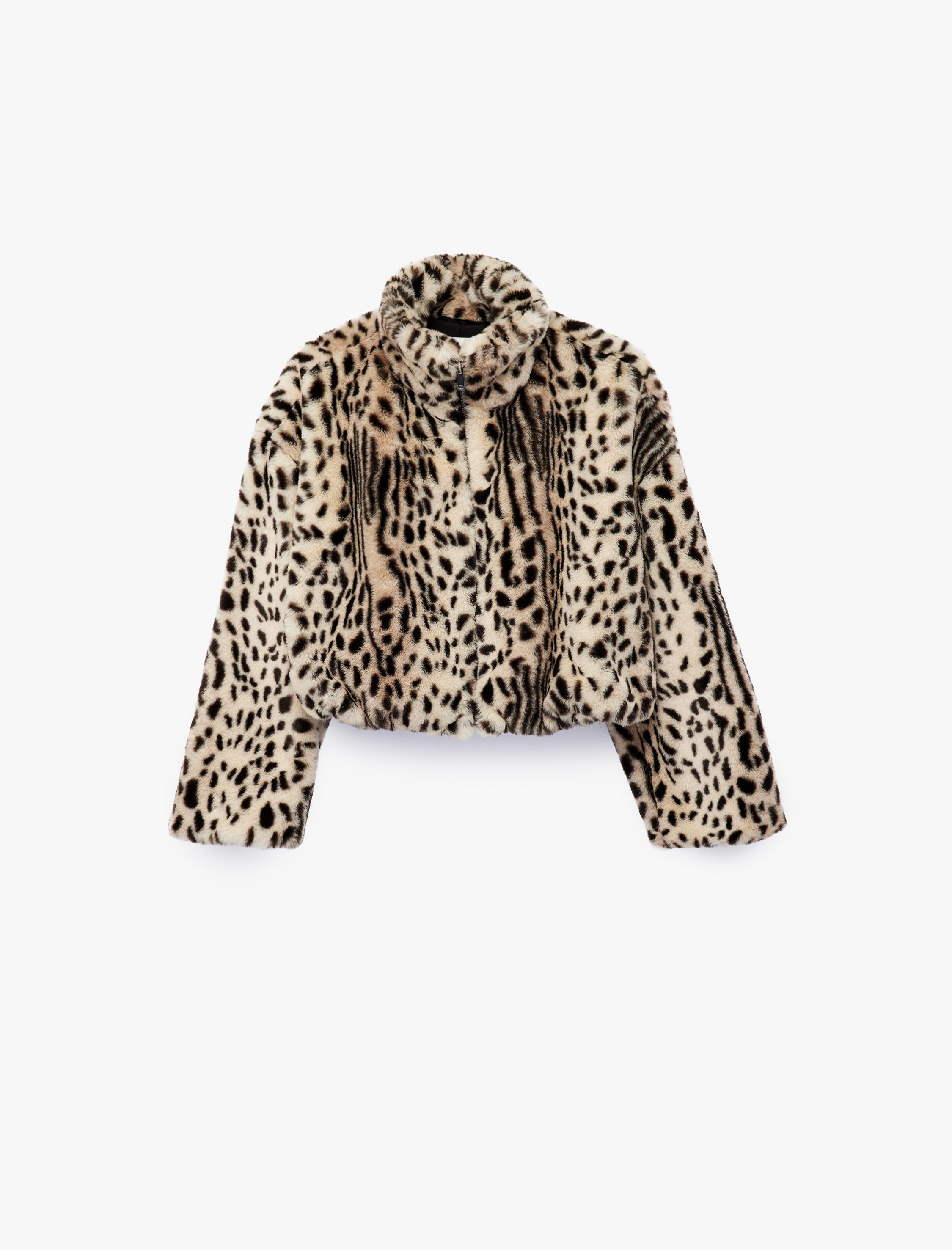   Uzun Kollu Dik Yaka Crop Leopar Desenli Fermuarlı Suni Kürk Mont