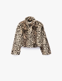 Uzun Kollu Dik Yaka Crop Leopar Desenli Fermuarlı Suni Kürk Mont