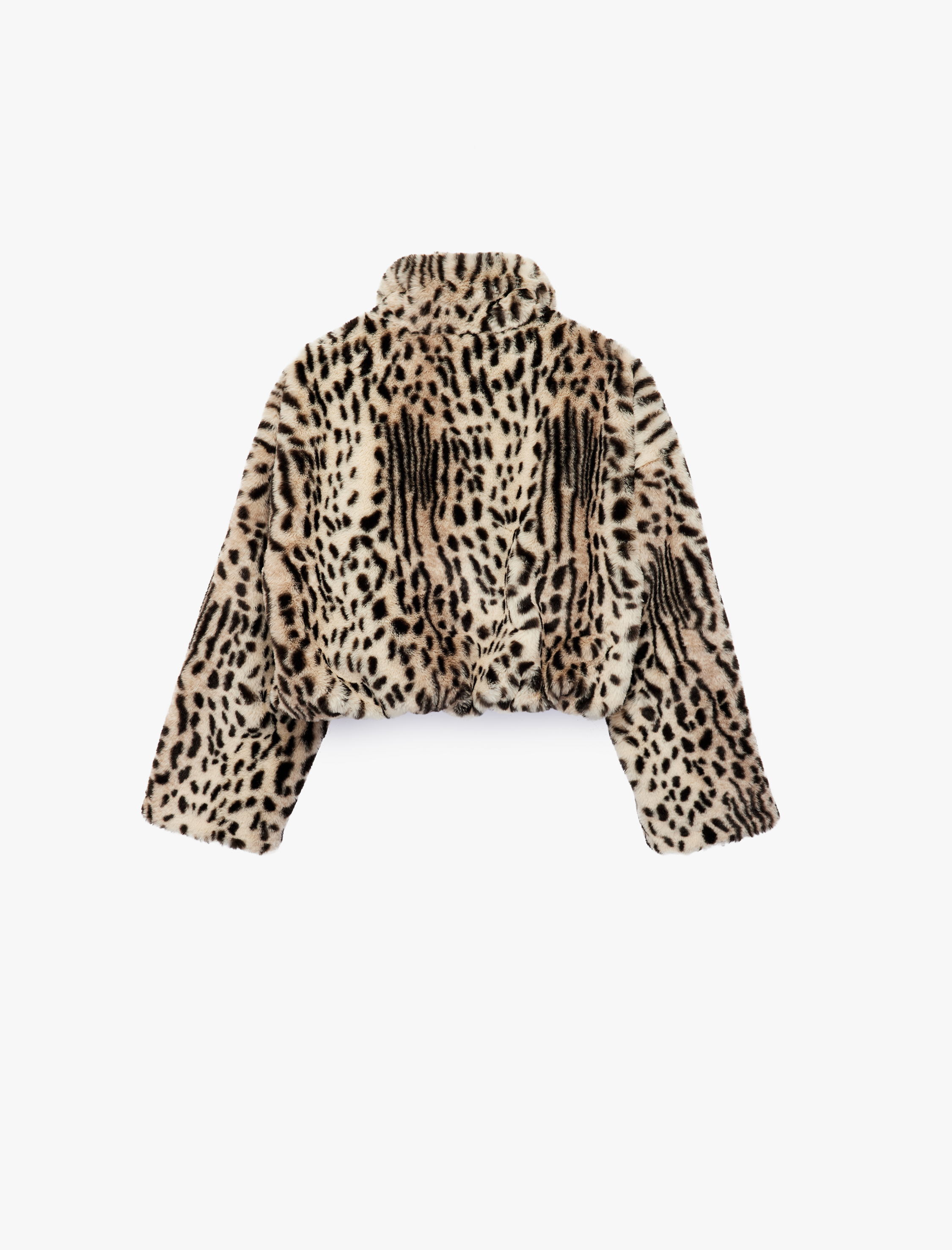   Uzun Kollu Dik Yaka Crop Leopar Desenli Fermuarlı Suni Kürk Mont