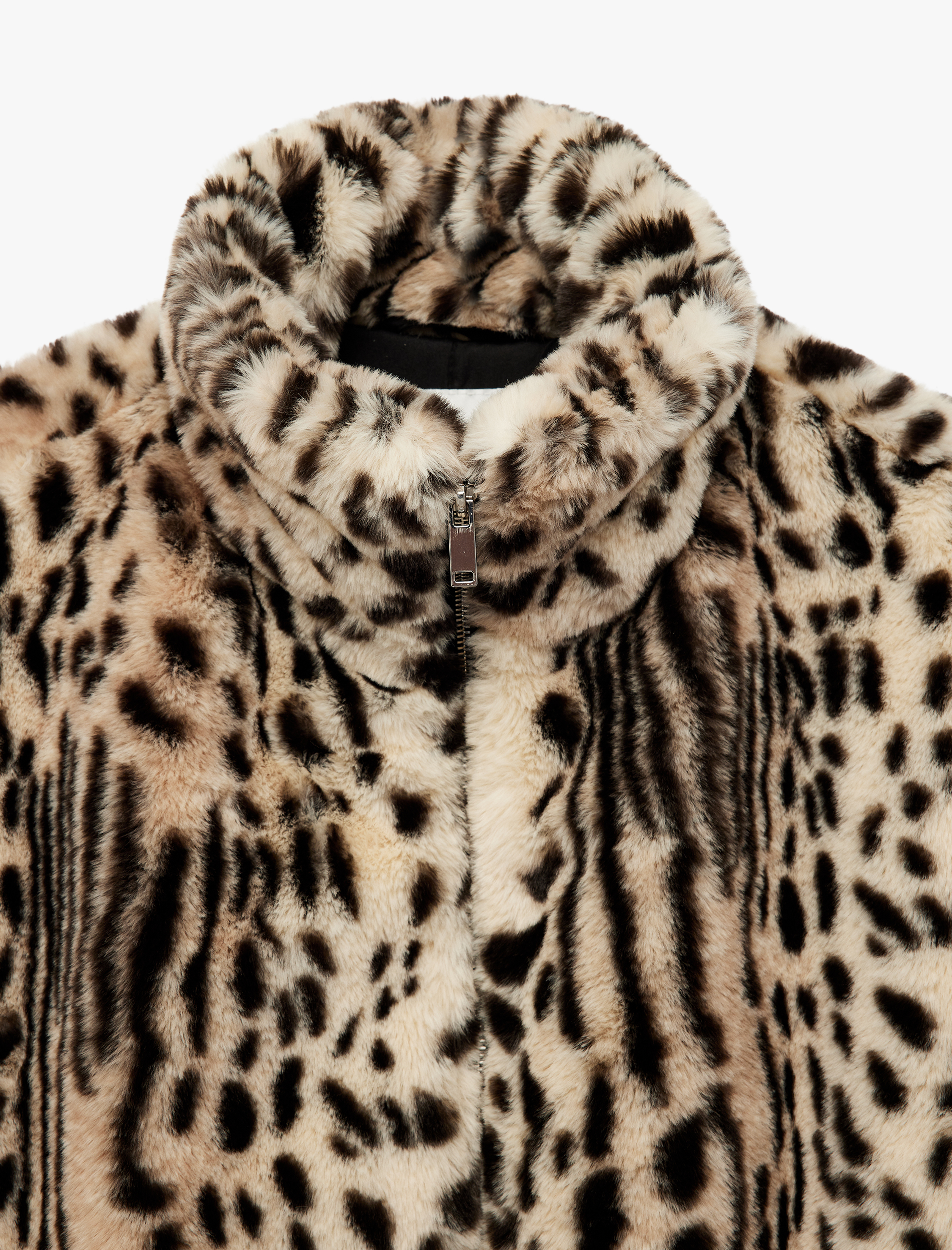   Uzun Kollu Dik Yaka Crop Leopar Desenli Fermuarlı Suni Kürk Mont
