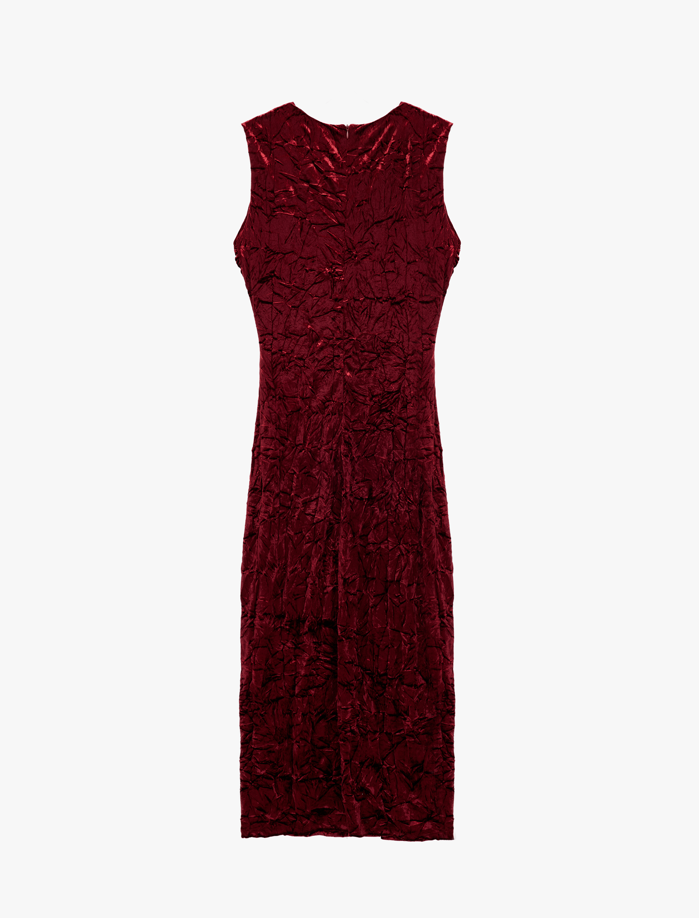   Slim Fit Bisiklet Yaka Drapeli Kolsuz Dokulu Kadife Midi Elbise