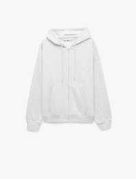 Uzun Kollu Şardonlu Cepli Rahat Kalıp Fermuarlı Kapüşonlu Sweatshirt