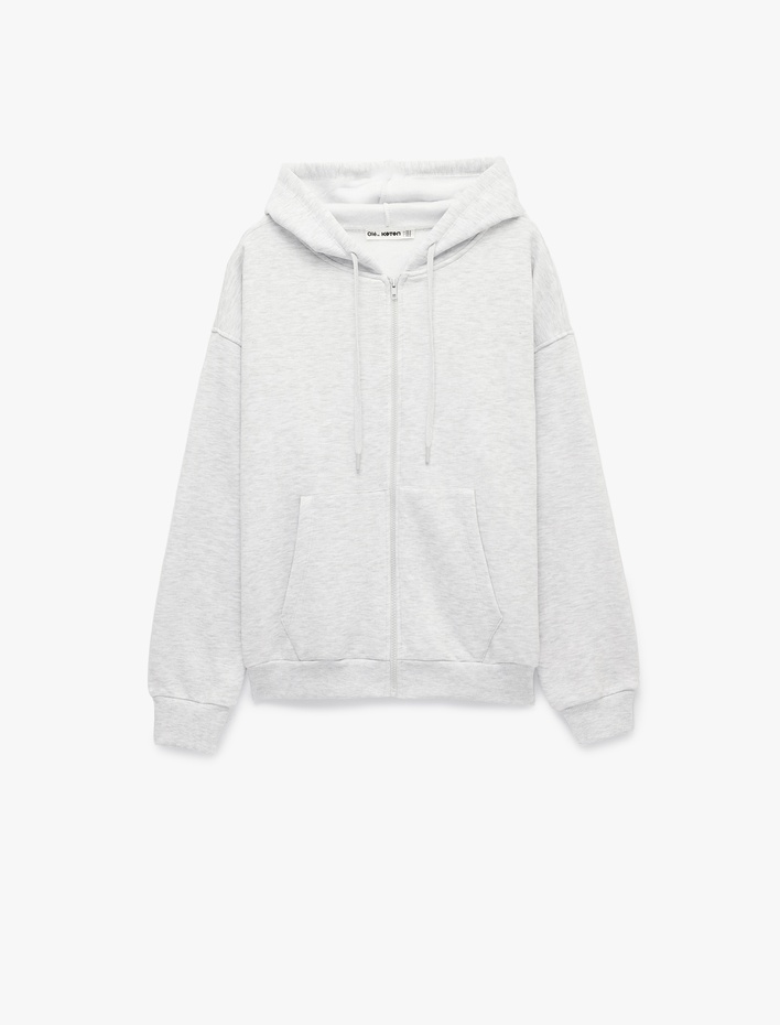  Uzun Kollu Şardonlu Cepli Rahat Kalıp Fermuarlı Kapüşonlu Sweatshirt