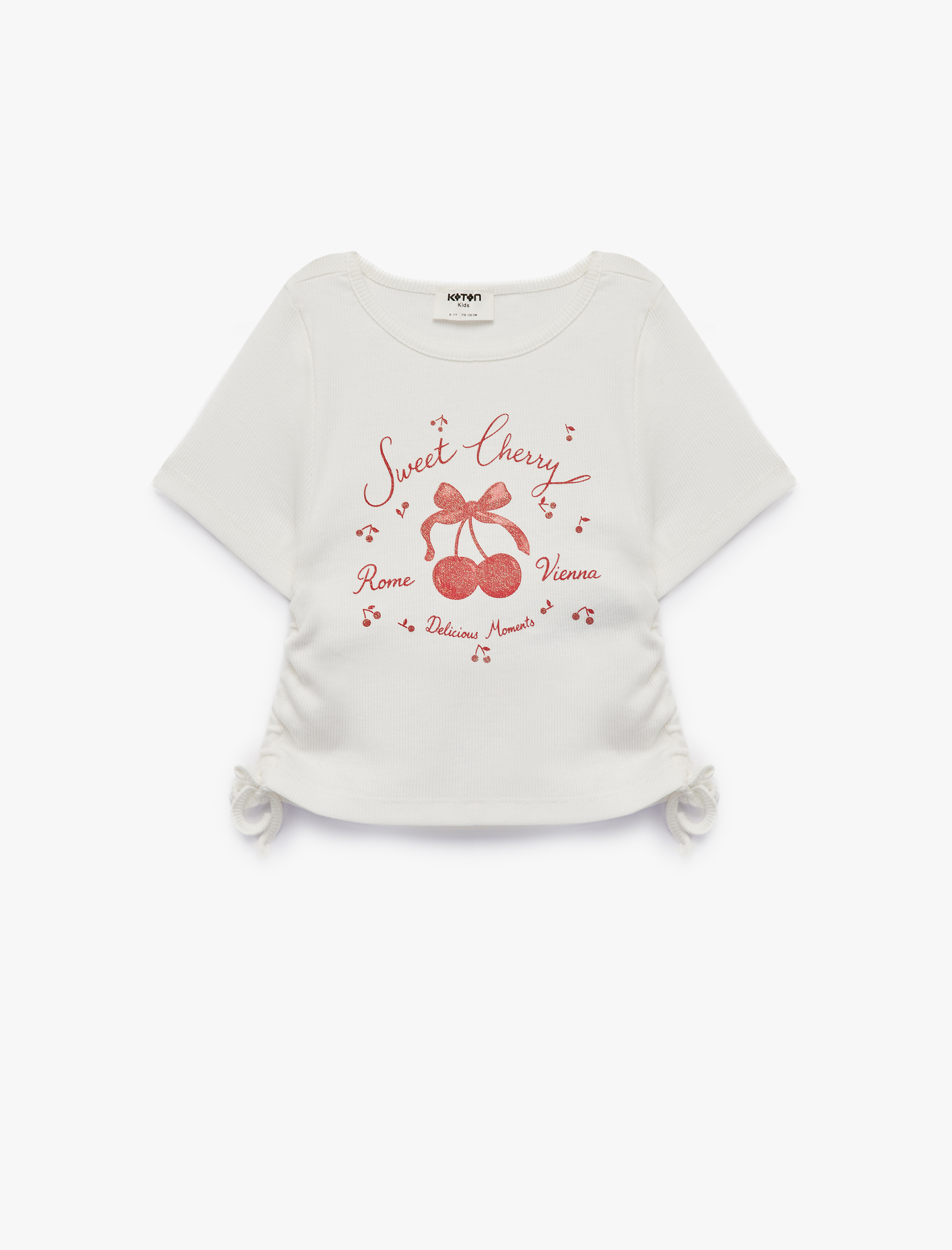  Kız Çocuk Simli Kiraz Baskılı Kısa Kollu Bisiklet Yaka Pamuklu Tişört