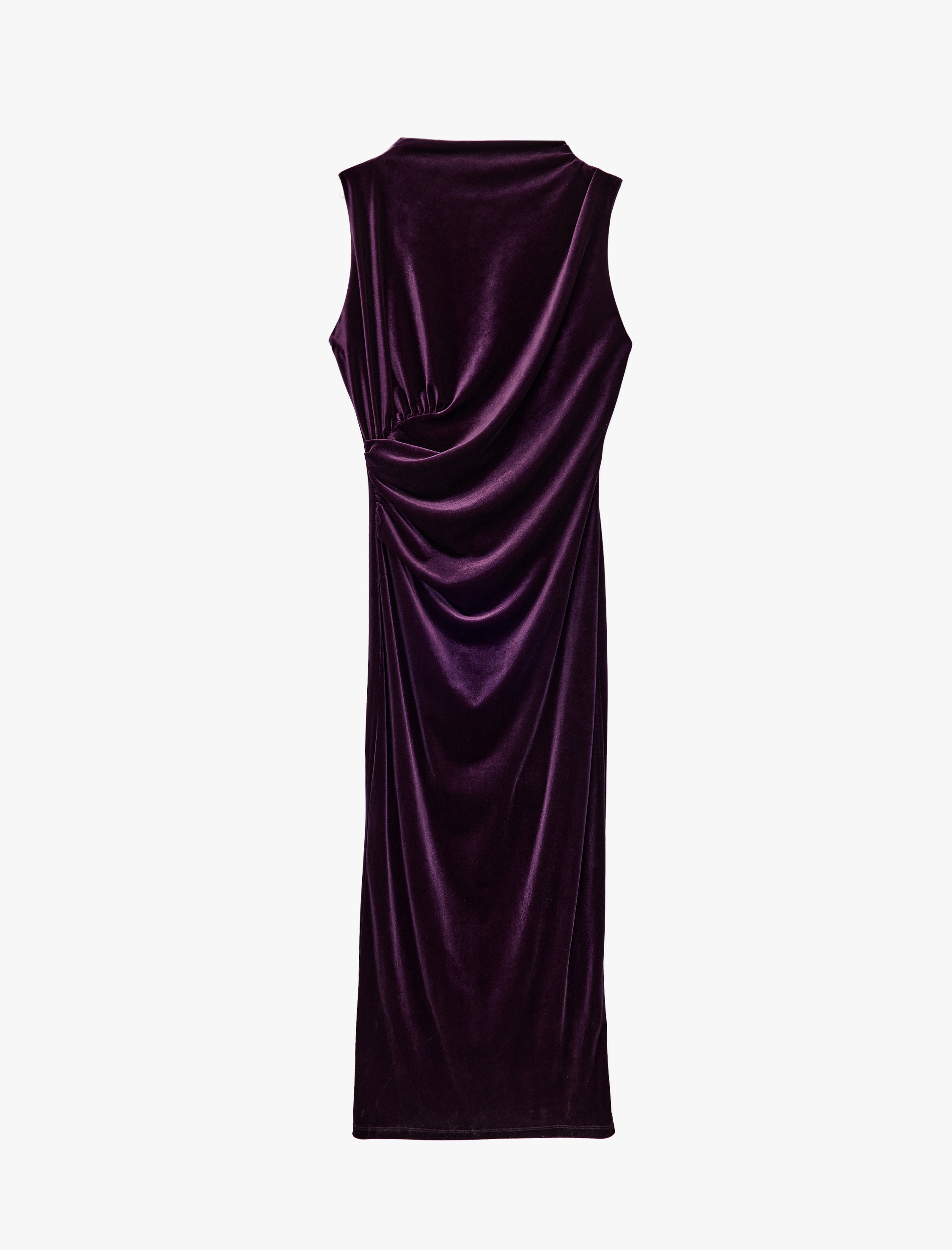   Slim Fit Bodycon Drapeli Hafif Dik Yaka Yırtmaçlı Kolsuz Midi Boy Kadife Elbise