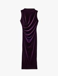 Slim Fit Bodycon Drapeli Hafif Dik Yaka Yırtmaçlı Kolsuz Midi Boy Kadife Elbise