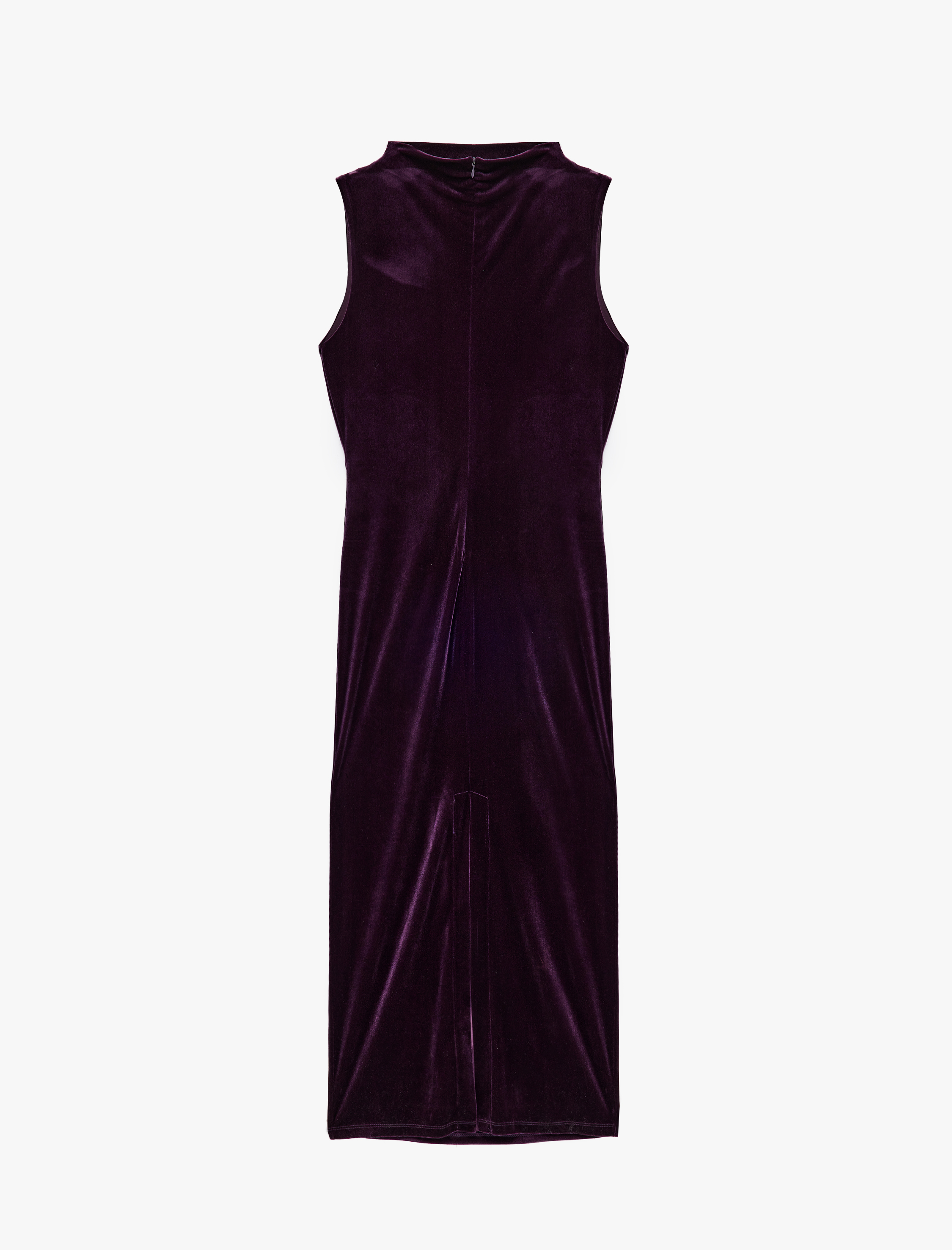   Slim Fit Bodycon Drapeli Hafif Dik Yaka Yırtmaçlı Kolsuz Midi Boy Kadife Elbise