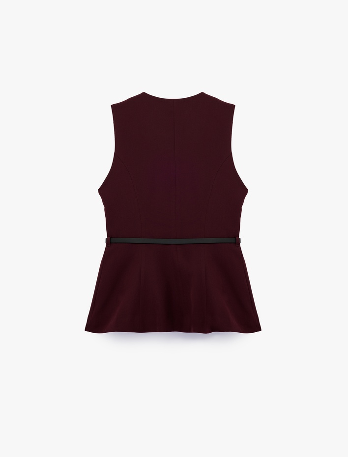  Slim Fit Mücevher Düğmeli Bisiklet Yaka Kemerli Peplum Yelek