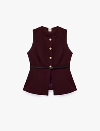 Slim Fit Mücevher Düğmeli Bisiklet Yaka Kemerli Peplum Yelek