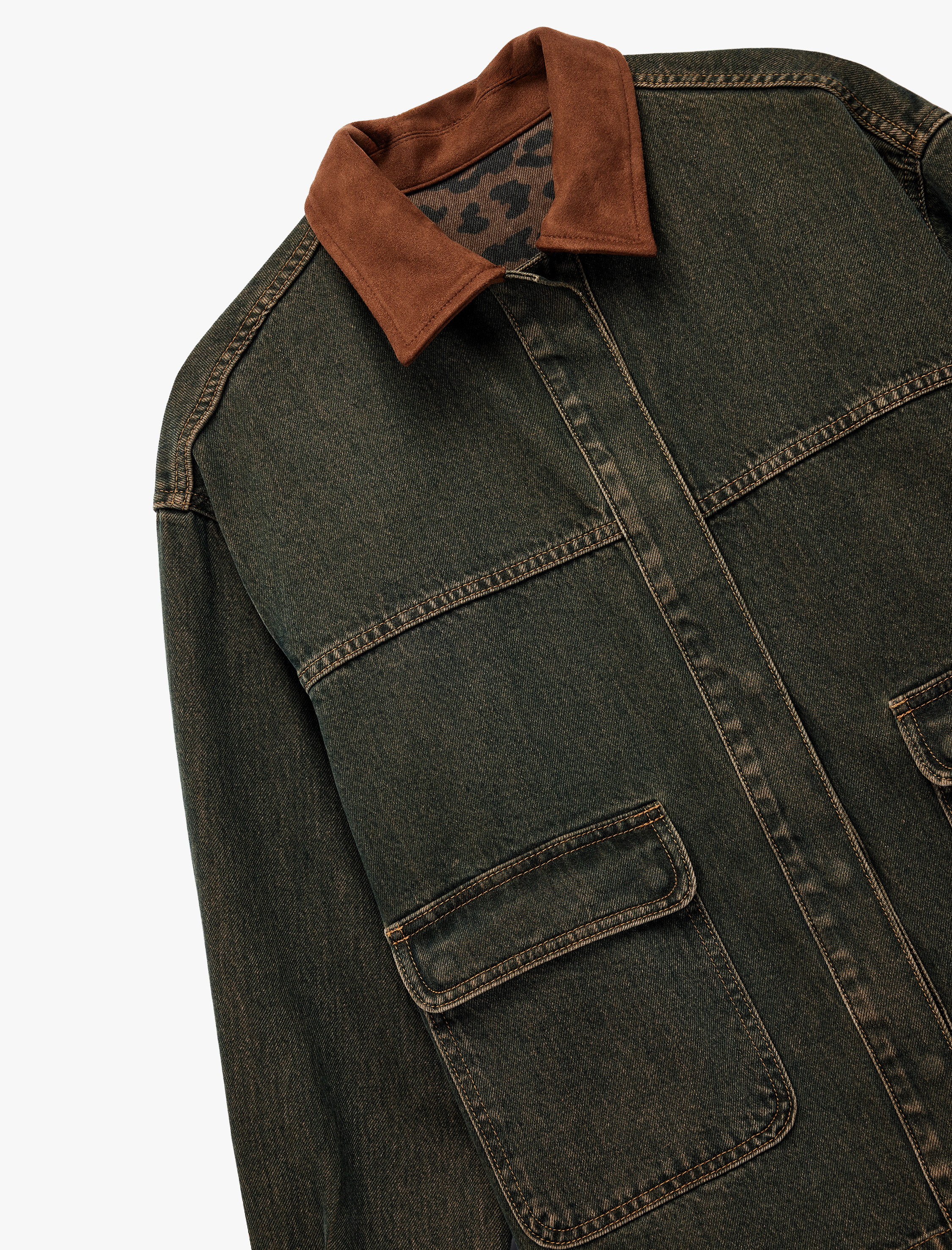  Suni Süet Yaka Leopar Astarlı Cepli Düğmeli Uzun Kollu Oversize Denim Ceket