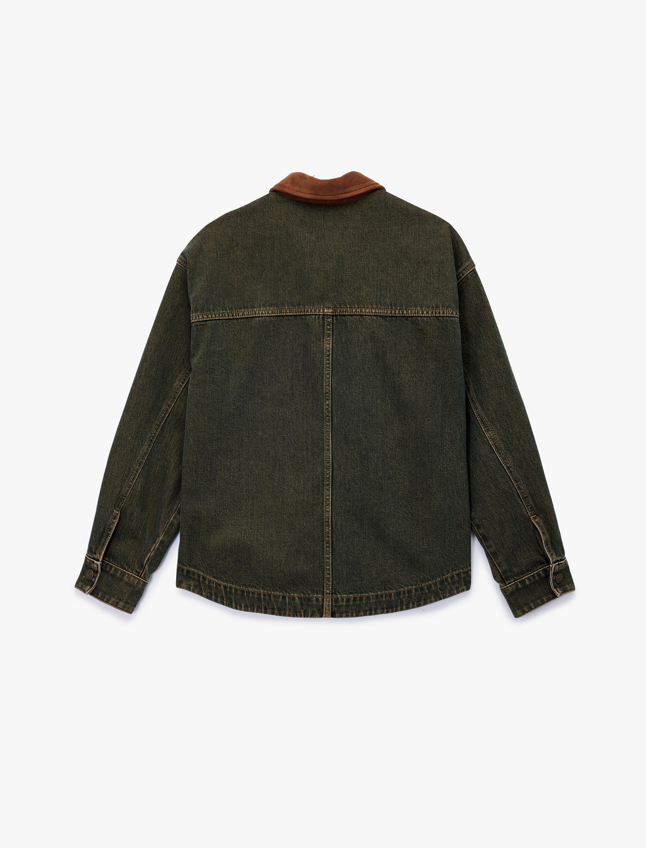   Suni Süet Yaka Leopar Astarlı Cepli Düğmeli Uzun Kollu Oversize Denim Ceket