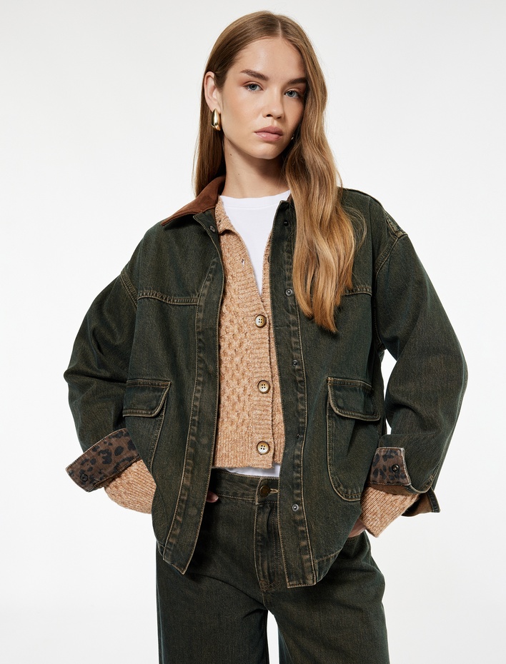  Suni Süet Yaka Leopar Astarlı Cepli Düğmeli Uzun Kollu Oversize Denim Ceket