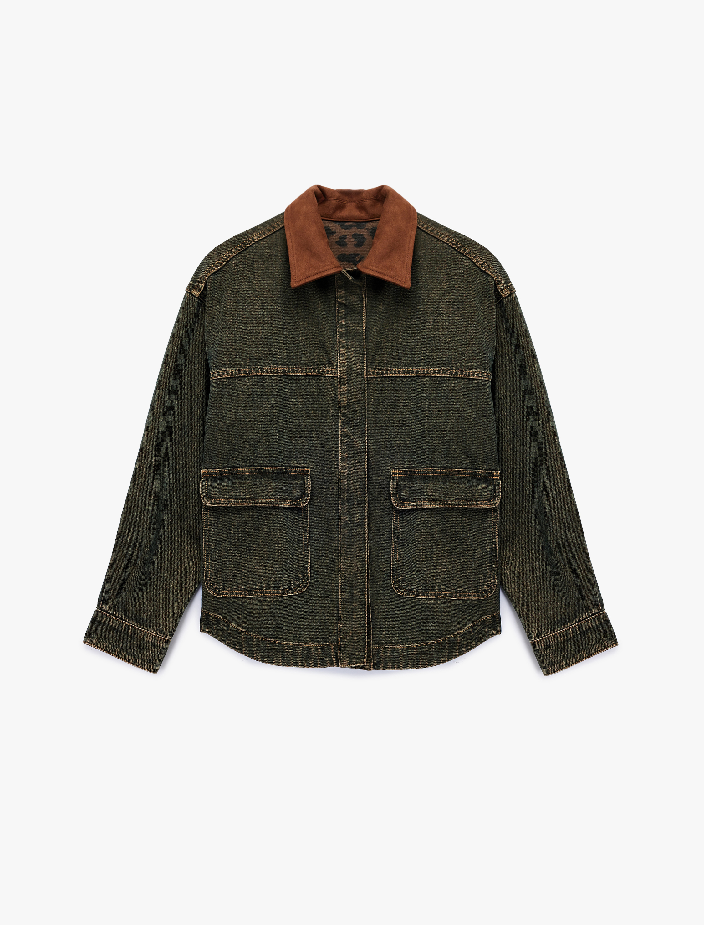   Suni Süet Yaka Leopar Astarlı Cepli Düğmeli Uzun Kollu Oversize Denim Ceket