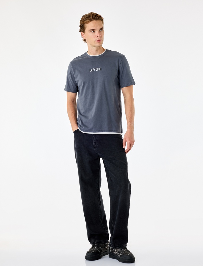  Kısa Kollu Regular Fit Bisiklet Yaka Renk Kontrastlı Pamuklu Baskılı Tişört