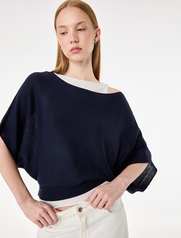  Slim Fit Kayık Yaka Uzun Kollu İkili Triko Kazak