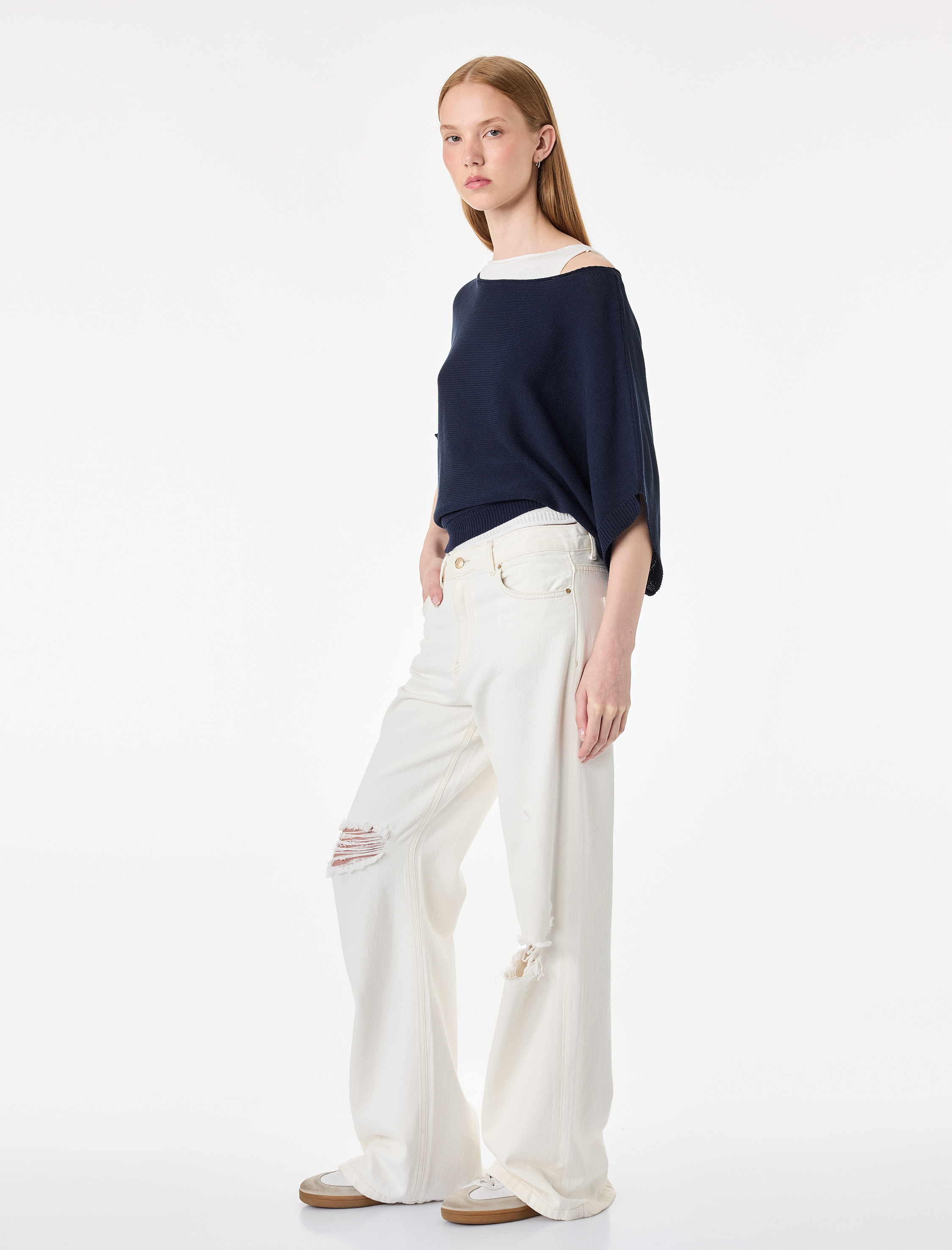   Slim Fit Kayık Yaka Uzun Kollu İkili Triko Kazak