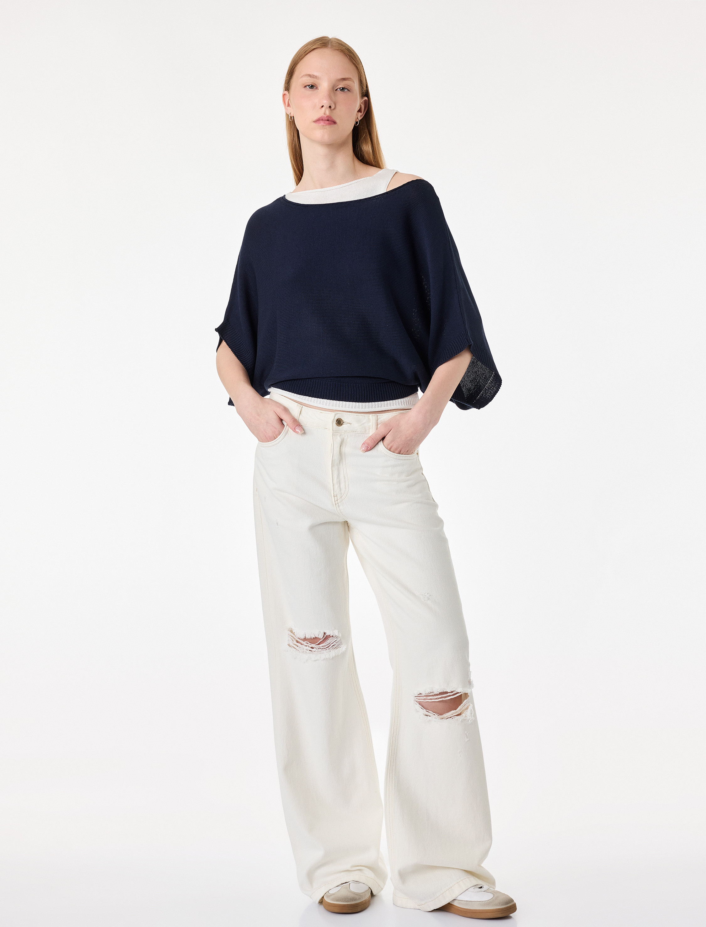   Slim Fit Kayık Yaka Uzun Kollu İkili Triko Kazak