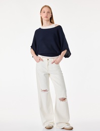 Slim Fit Kayık Yaka Uzun Kollu İkili Triko Kazak