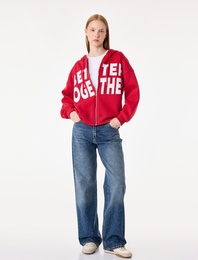Üç İplik Şardonlu Uzun Kollu Kapüşonlu Baskılı Fermuarlı Oversize Sweatshirt