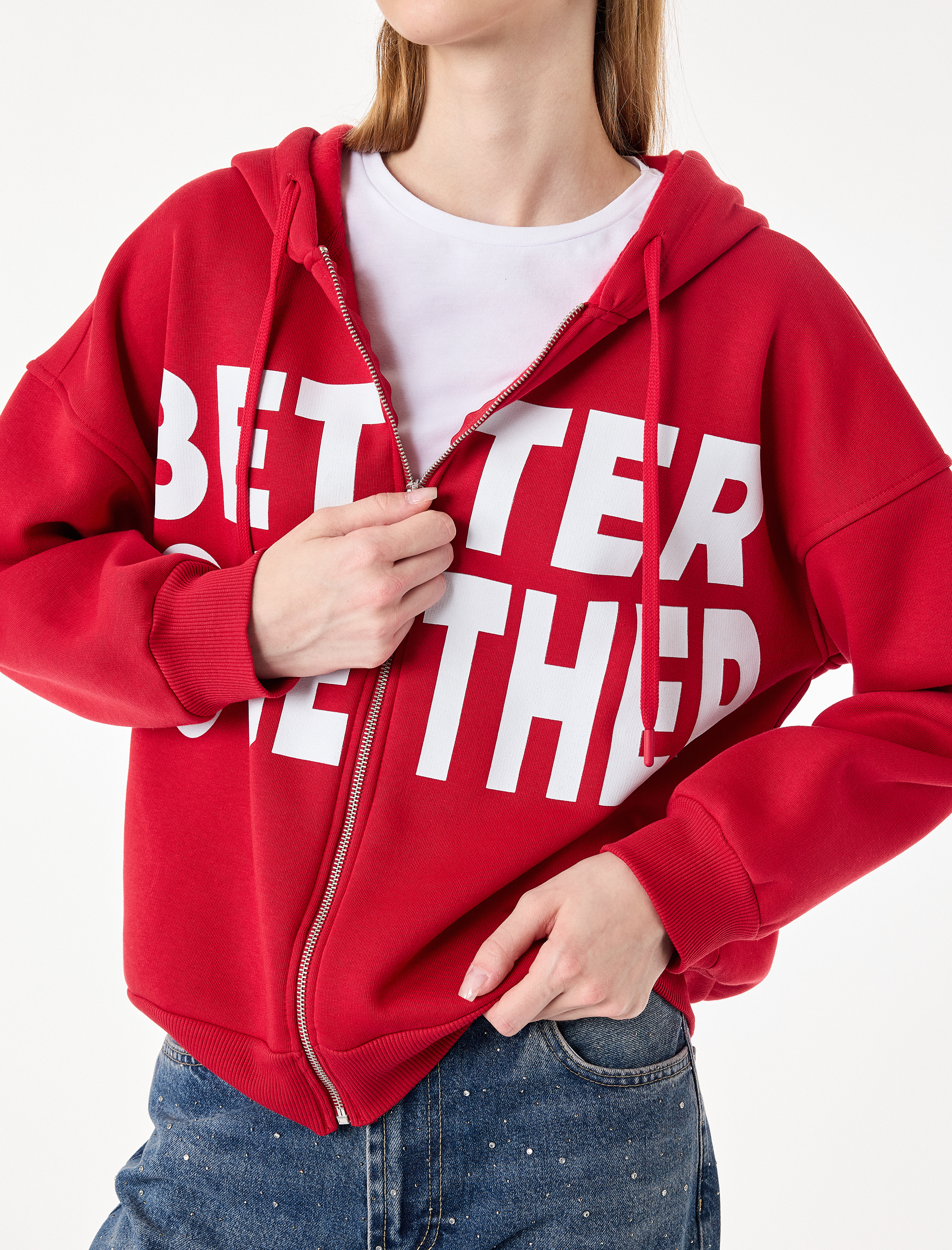   Üç İplik Şardonlu Uzun Kollu Kapüşonlu Baskılı Fermuarlı Oversize Sweatshirt